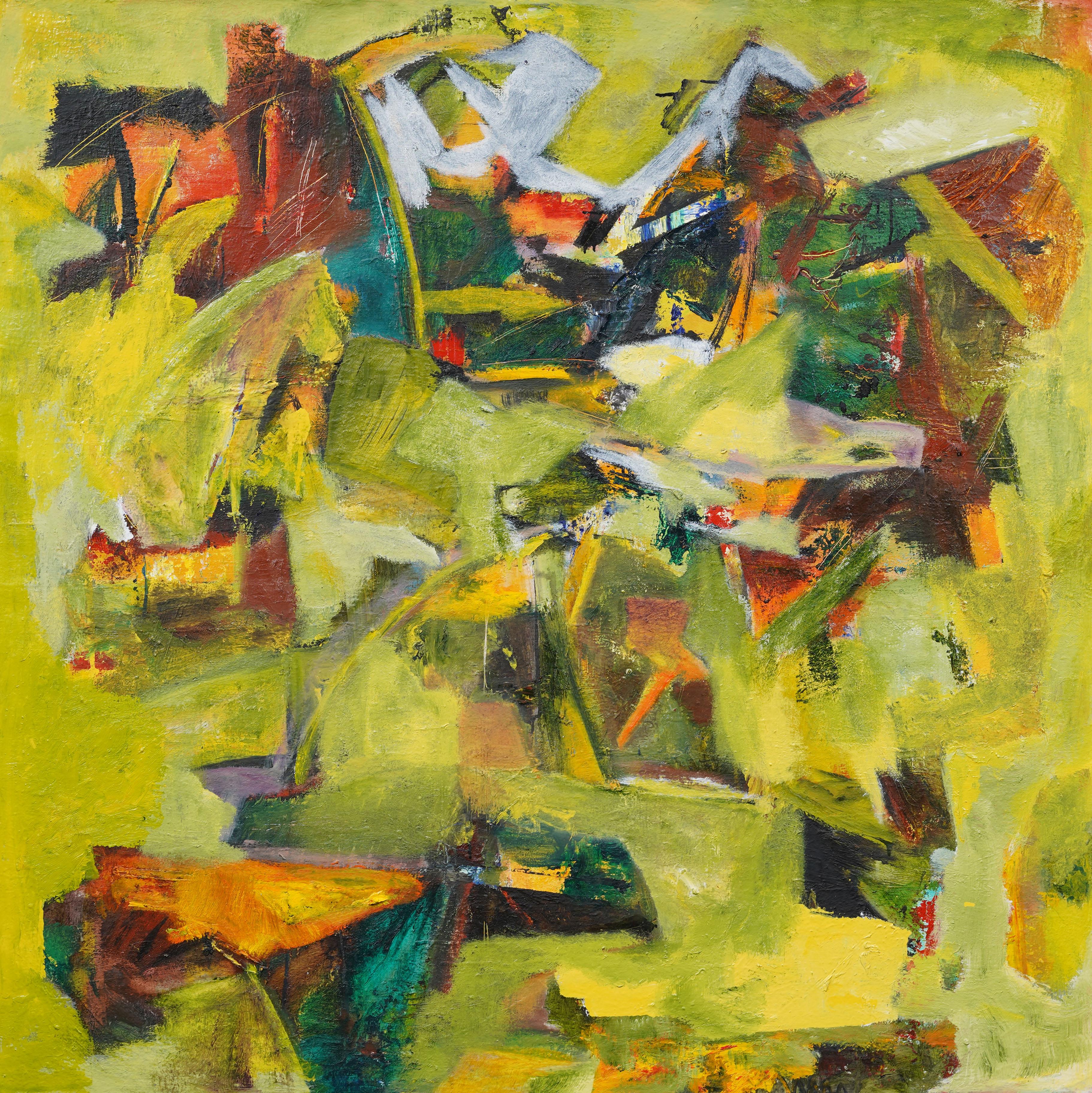 Vintage American modernist abstract oil painting. Oil on canvas. Framed. Measuring: 51 by 51 inches overall, and 50 by 50 painting alone..  In excellent original condition. Handsomely framed in a minimal wood molding.  Excellent condition, ready to