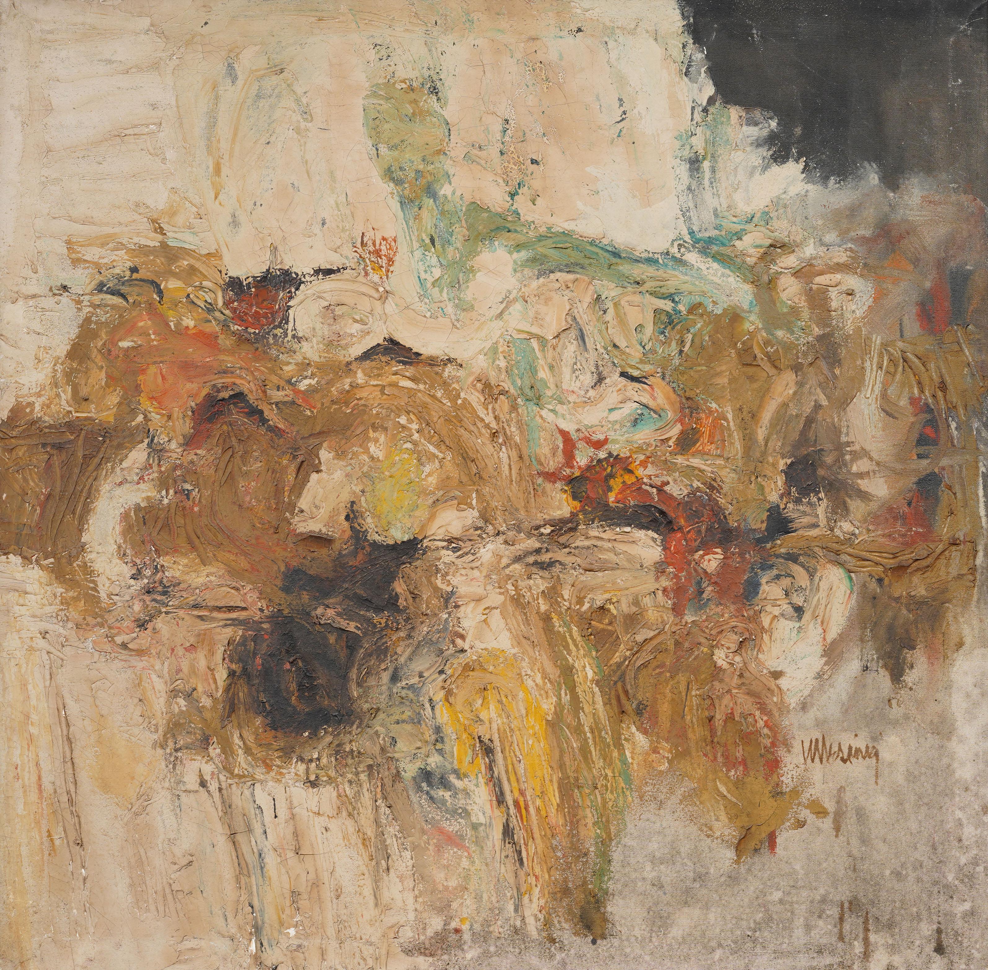 Vintage American modernist abstract oil painting. Oil on canvas. Framed. Measuring: 36 by 36 inches overall, and 35 by 35 painting alone.  In excellent original condition. Handsomely framed in a minimal wood molding.  Excellent condition, ready to