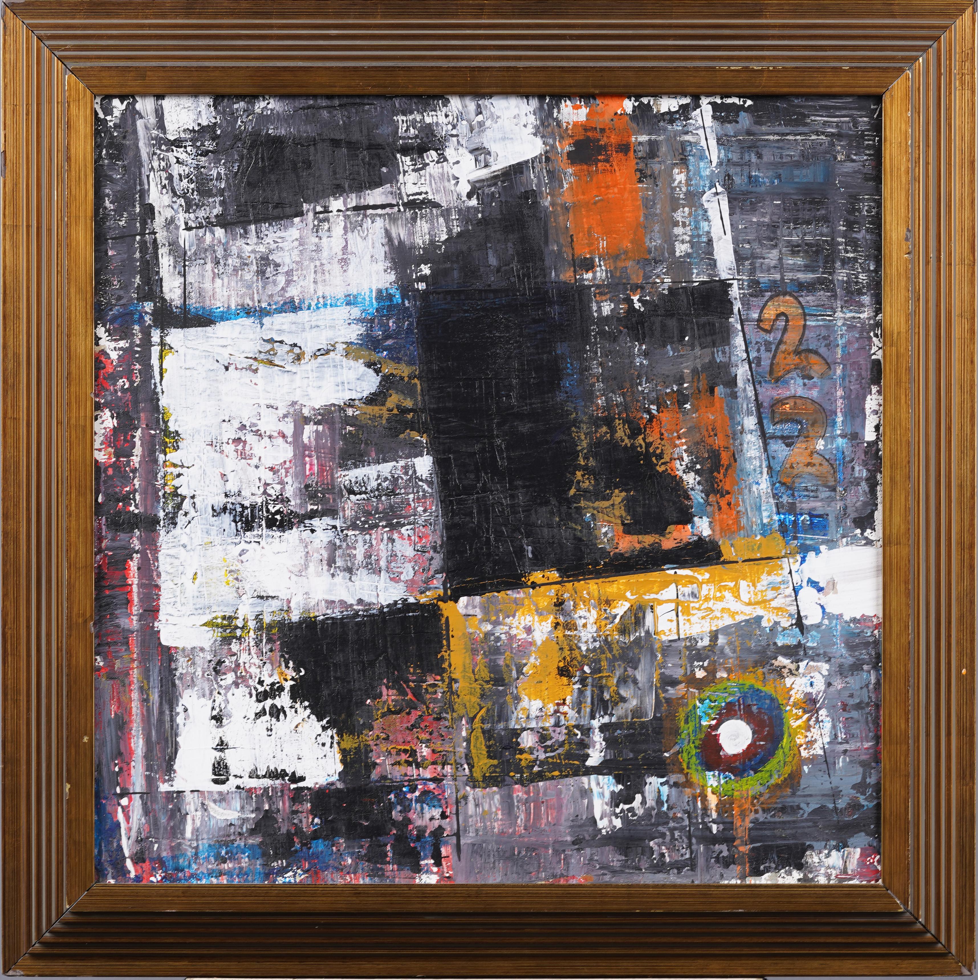 Abstract Painting di Unknown - Pittura ad olio d'epoca modernista americana espressionista astratta con cornice