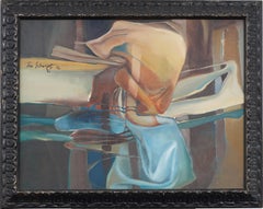 Pittura ad olio d'epoca modernista espressionista astratta del '76 incorniciata e firmata