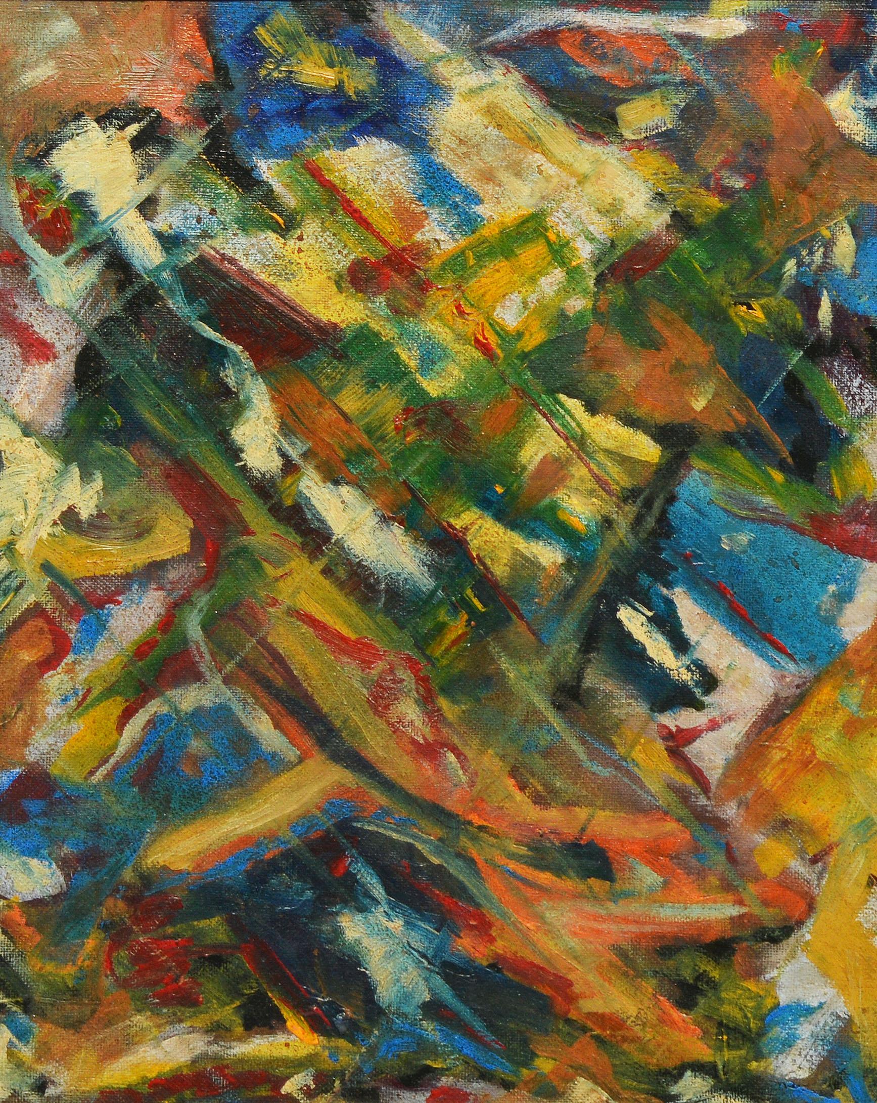 Vintage modernist abstract oil painting.  Oil on board, circa 1960.  Signed on back only.  Displayed in a period modernist frame.  Image, 9