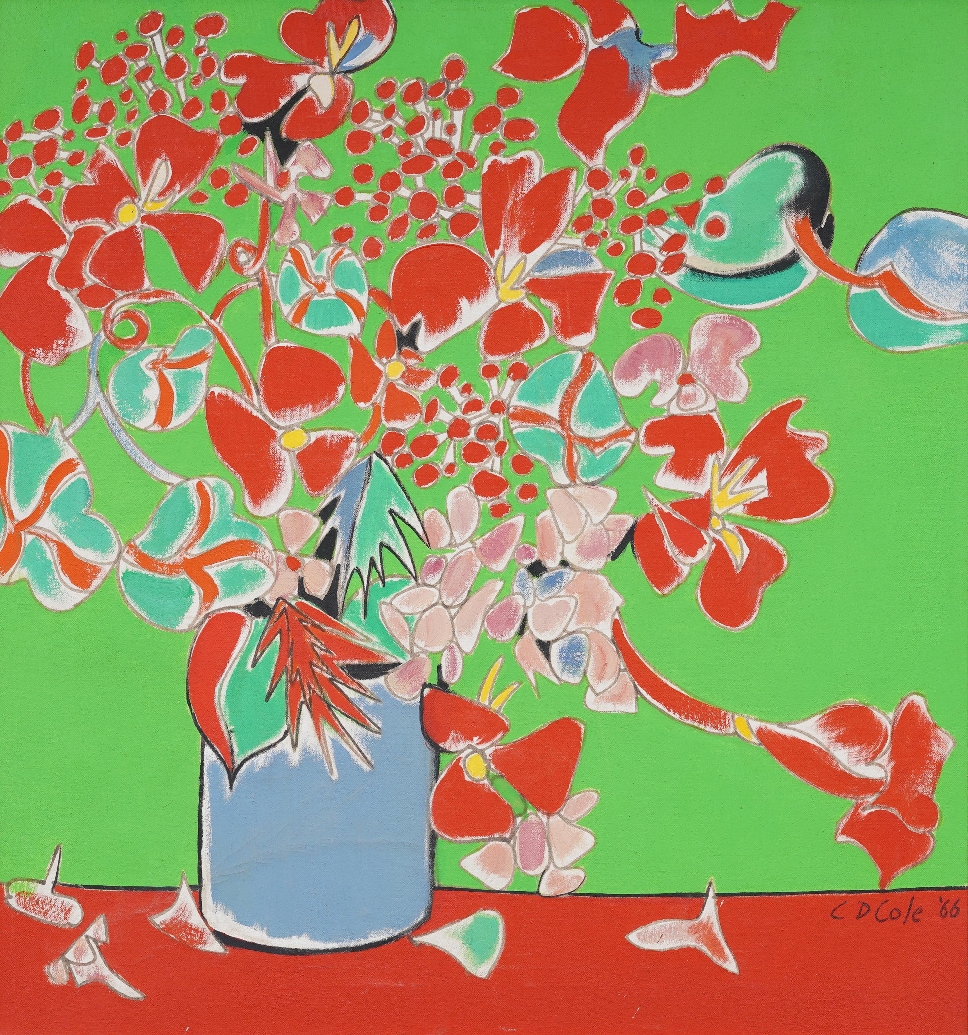 Vintage American Modernist Abstract Flower Still Life Pittura ad olio incorniciata - Painting Moderno di Unknown