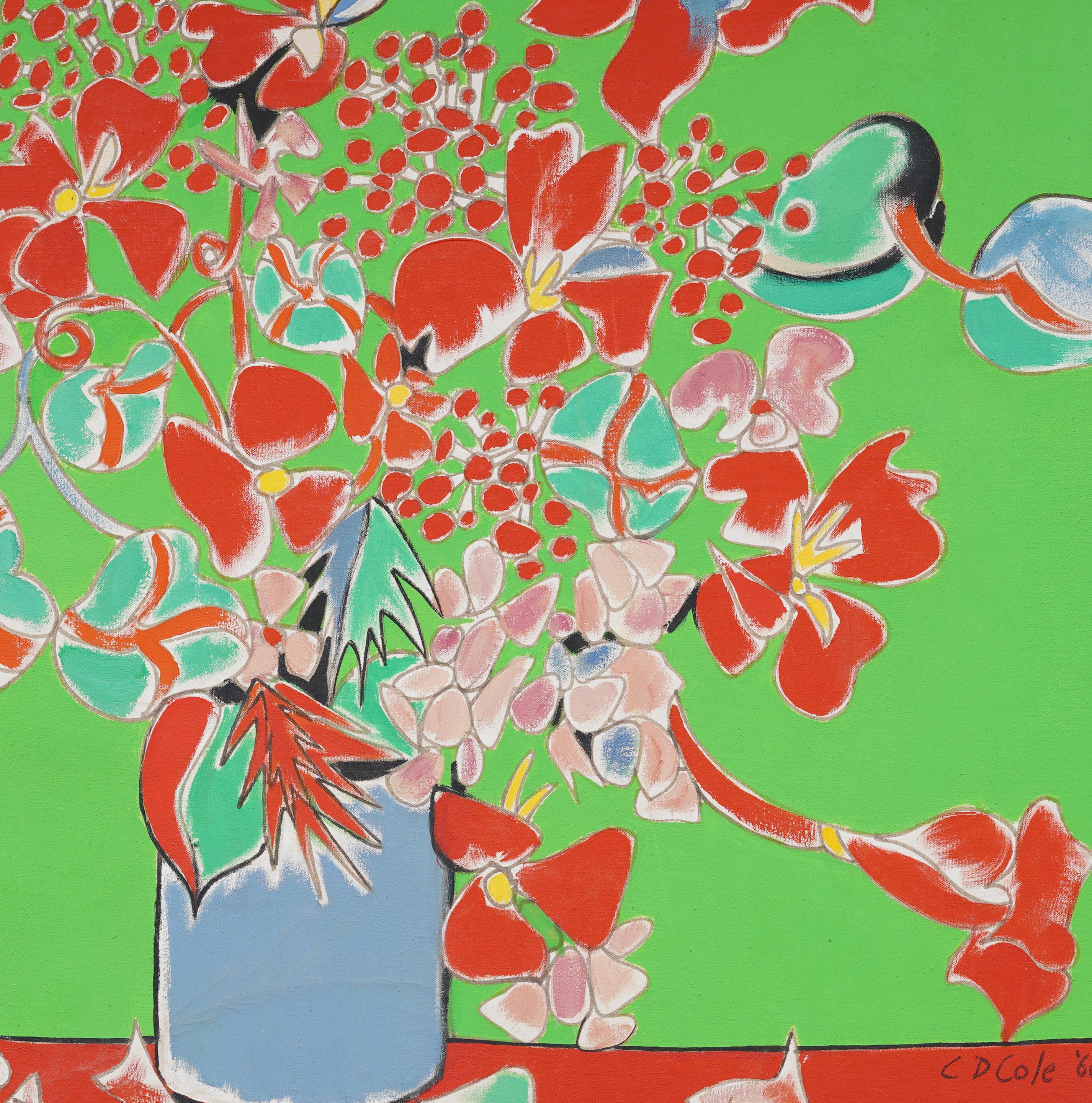 Vintage American Modernist Abstract Flower Still Life Pittura ad olio incorniciata 1
