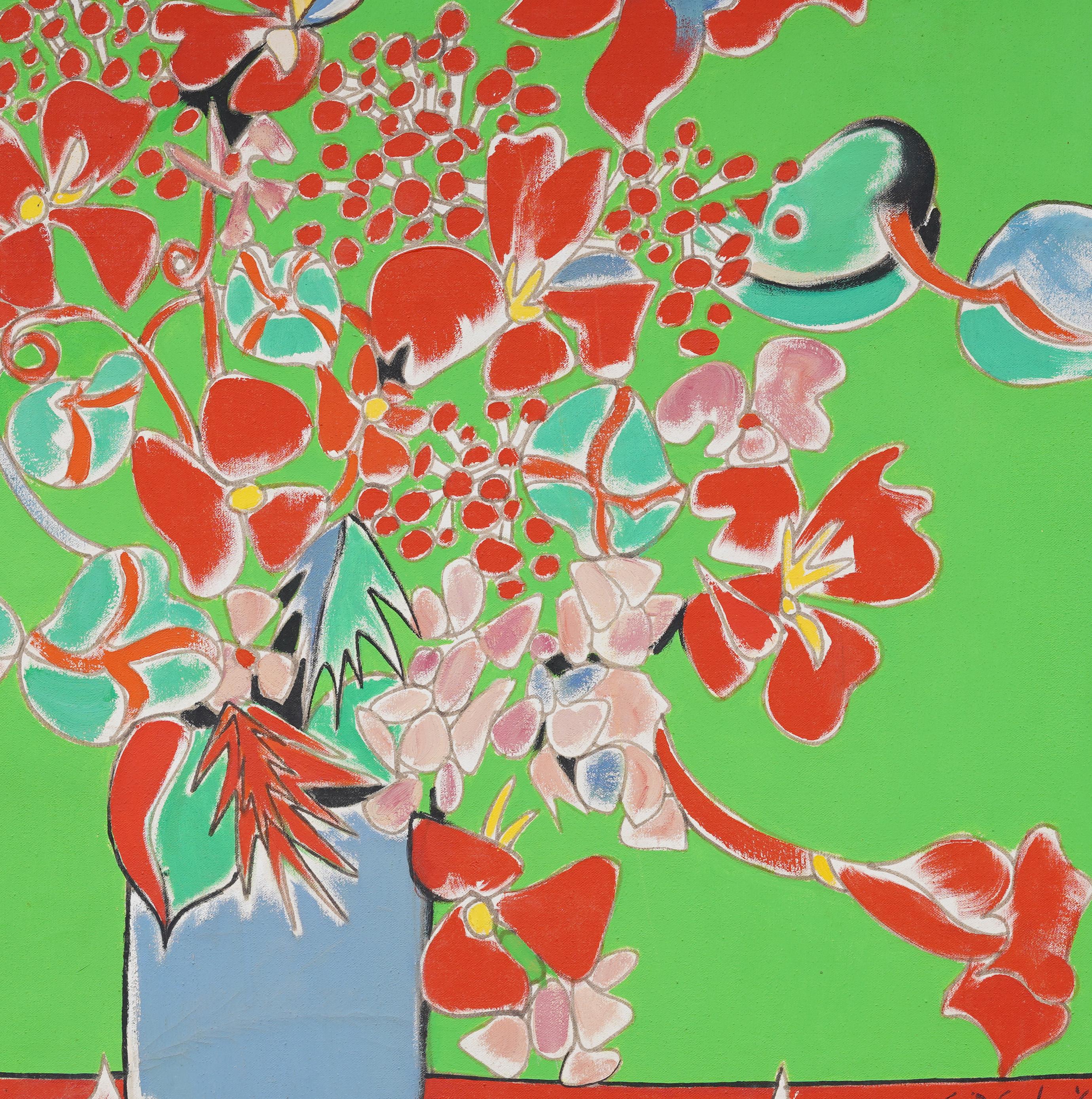 Vintage American Modernist Abstract Flower Still Life Pittura ad olio incorniciata 2