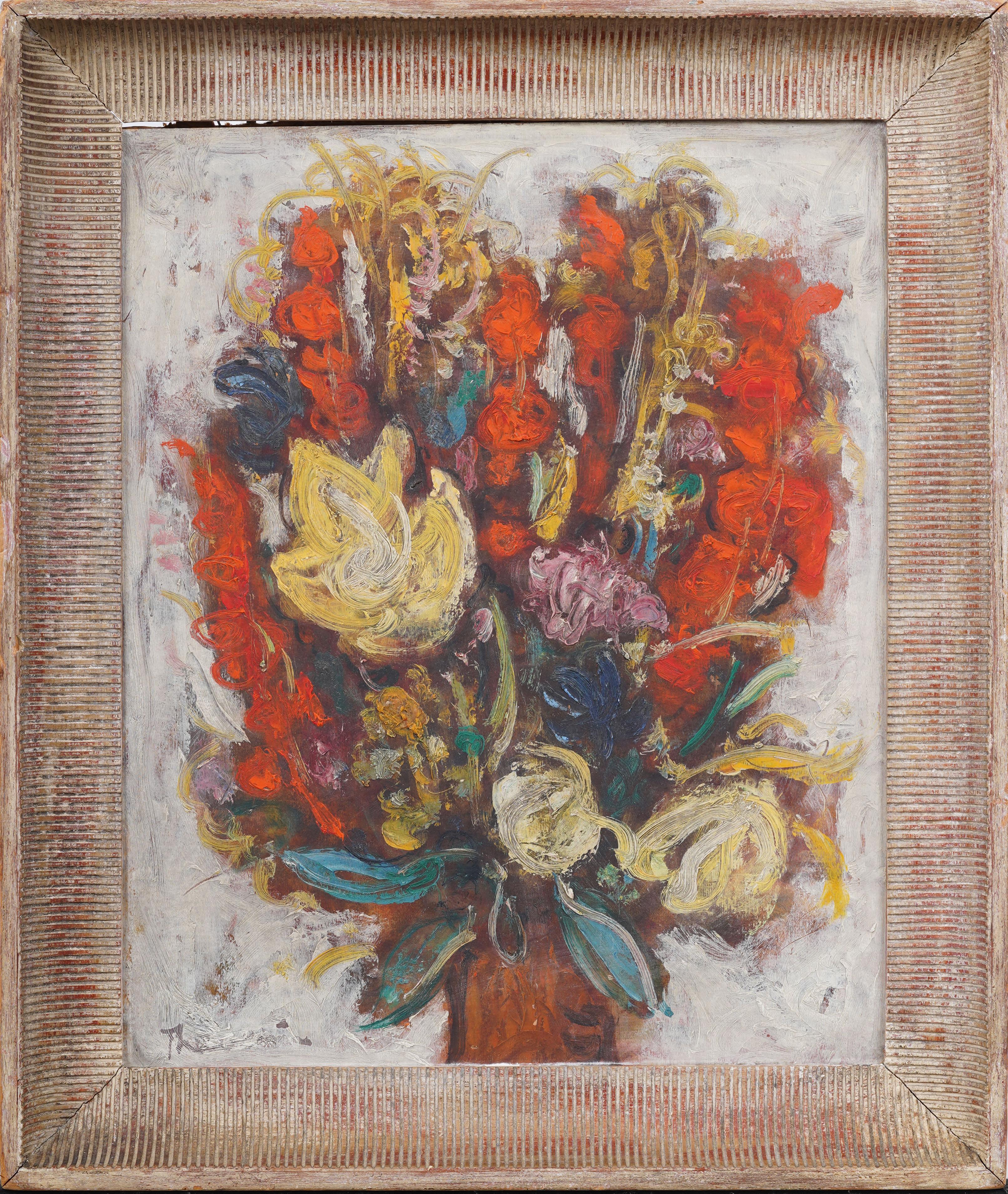 Vintage American Modernist Abstract Flower Still Life Signed Framed Oil Painting - Marron Still-Life Painting par Unknown