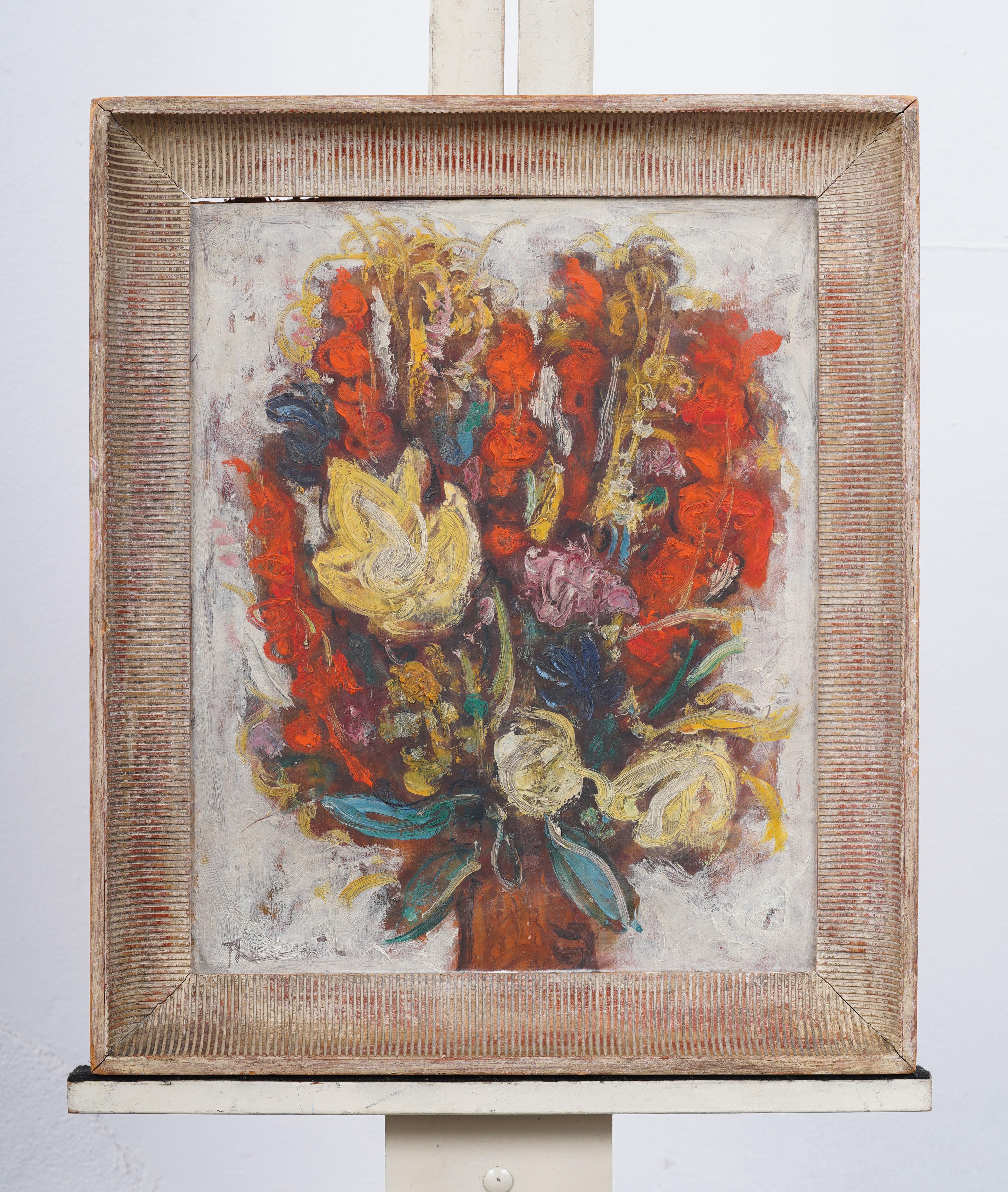 Vieille peinture à l'huile moderniste et abstraite de nature morte de fleurs. Huile sur planche. Signé. Encadré. Collectional d'une collection de Sag Harbor, NY. Dimensions : 20 x 16 pouces.  Joliment encadré dans une moulure en bois blanc. 