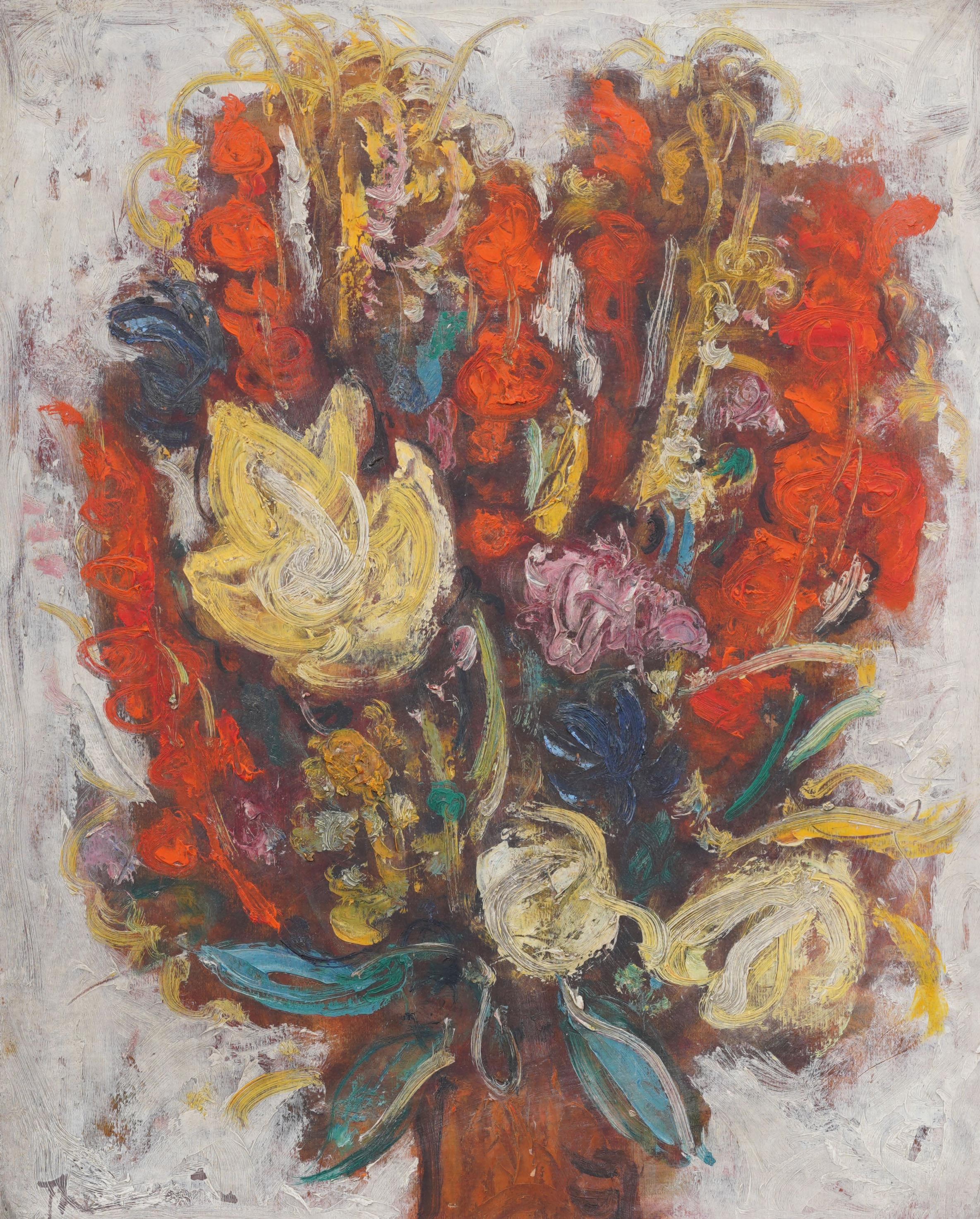 Vintage American Modernist Abstract Flower Still Life Signed Framed Oil Painting en vente 1