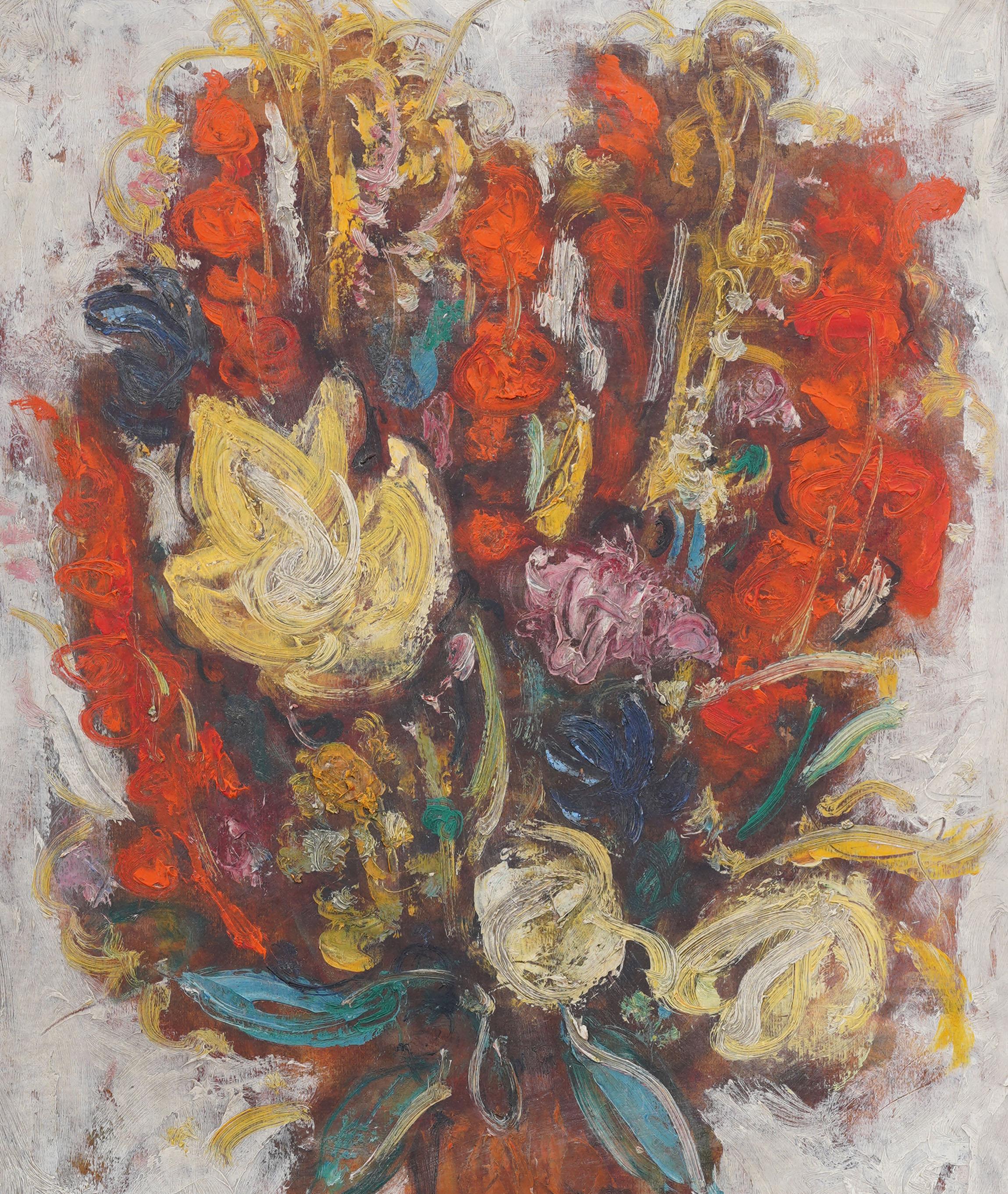 Vintage American Modernist Abstract Flower Still Life Signed Framed Oil Painting en vente 2