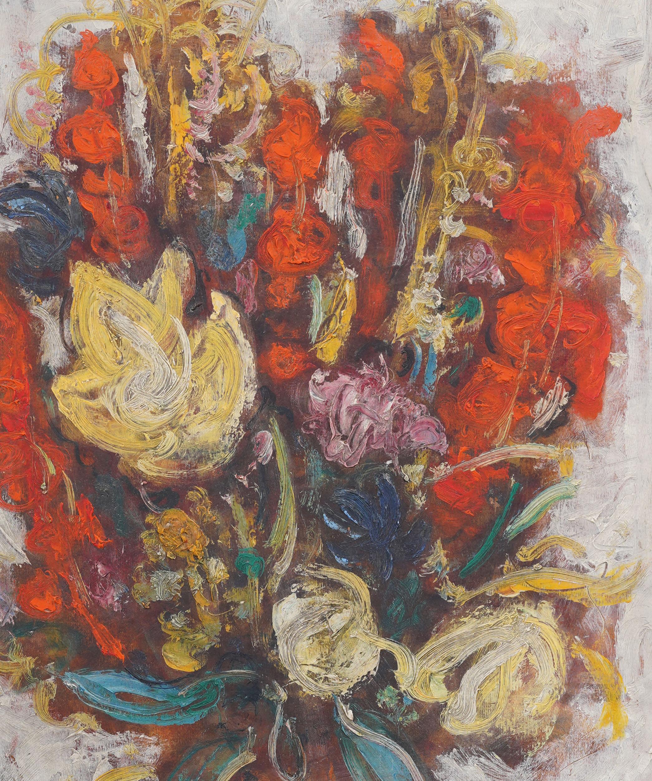 Vintage American Modernist Abstract Flower Still Life Signed Framed Oil Painting en vente 3