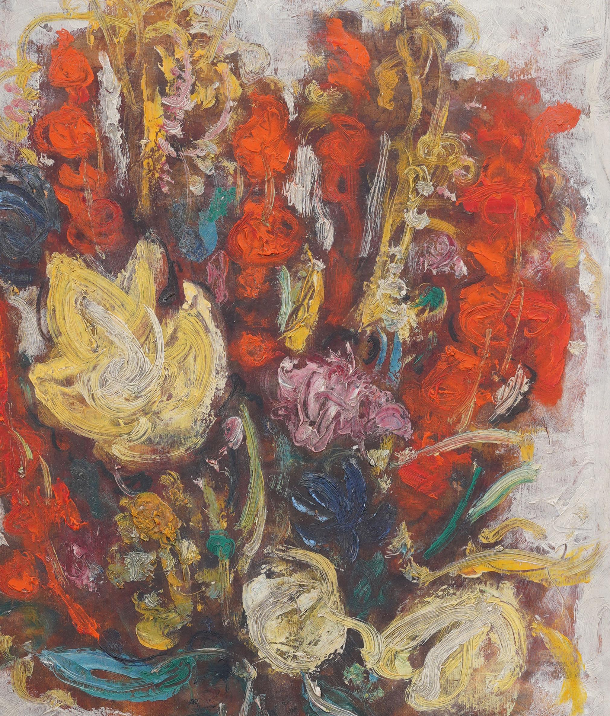 Vintage American Modernist Abstract Flower Still Life Signed Framed Oil Painting en vente 4