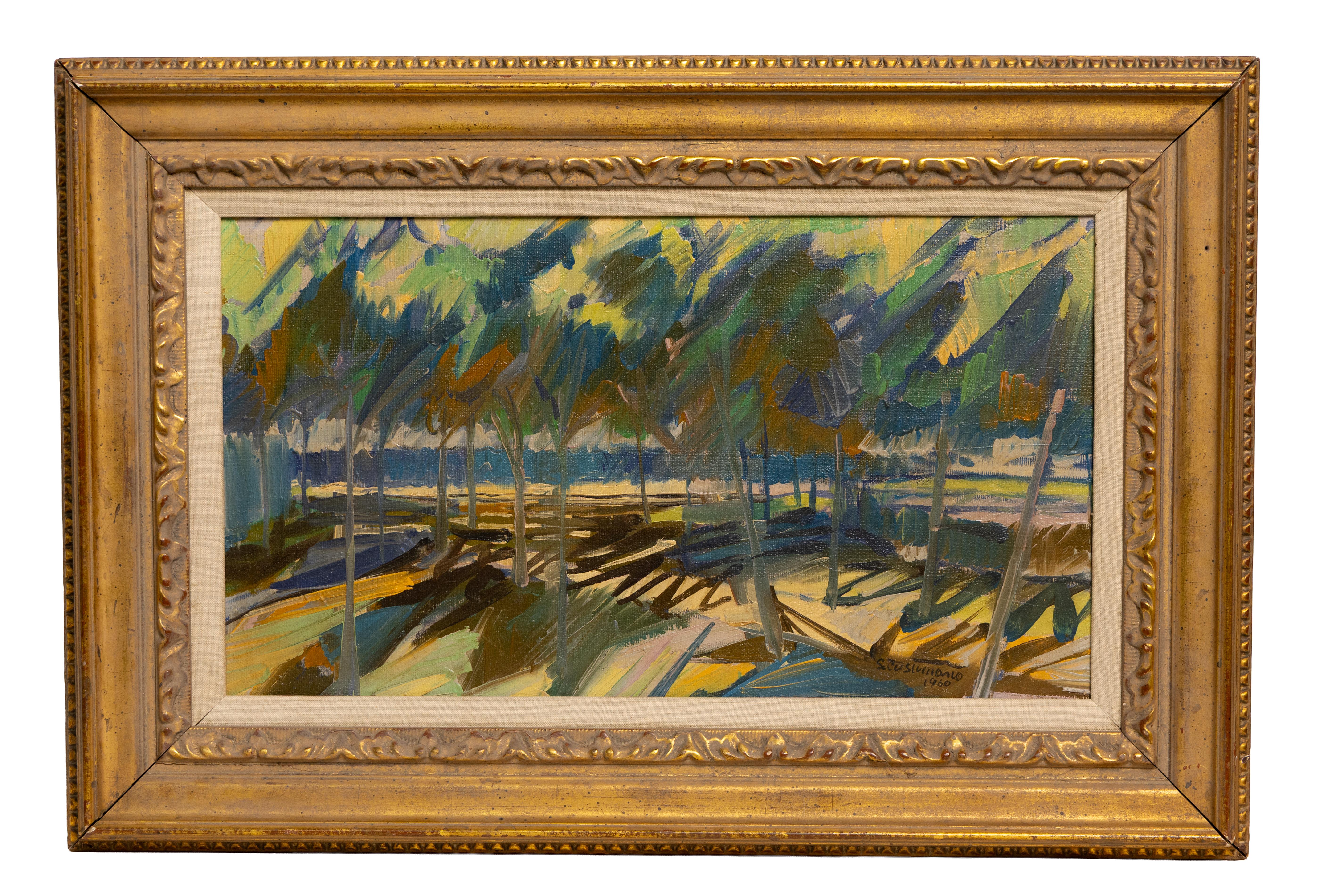 Vintage American Modernist Abstract Framed Landscape Signed Oil Painting - Brown Abstract Painting by Unknown