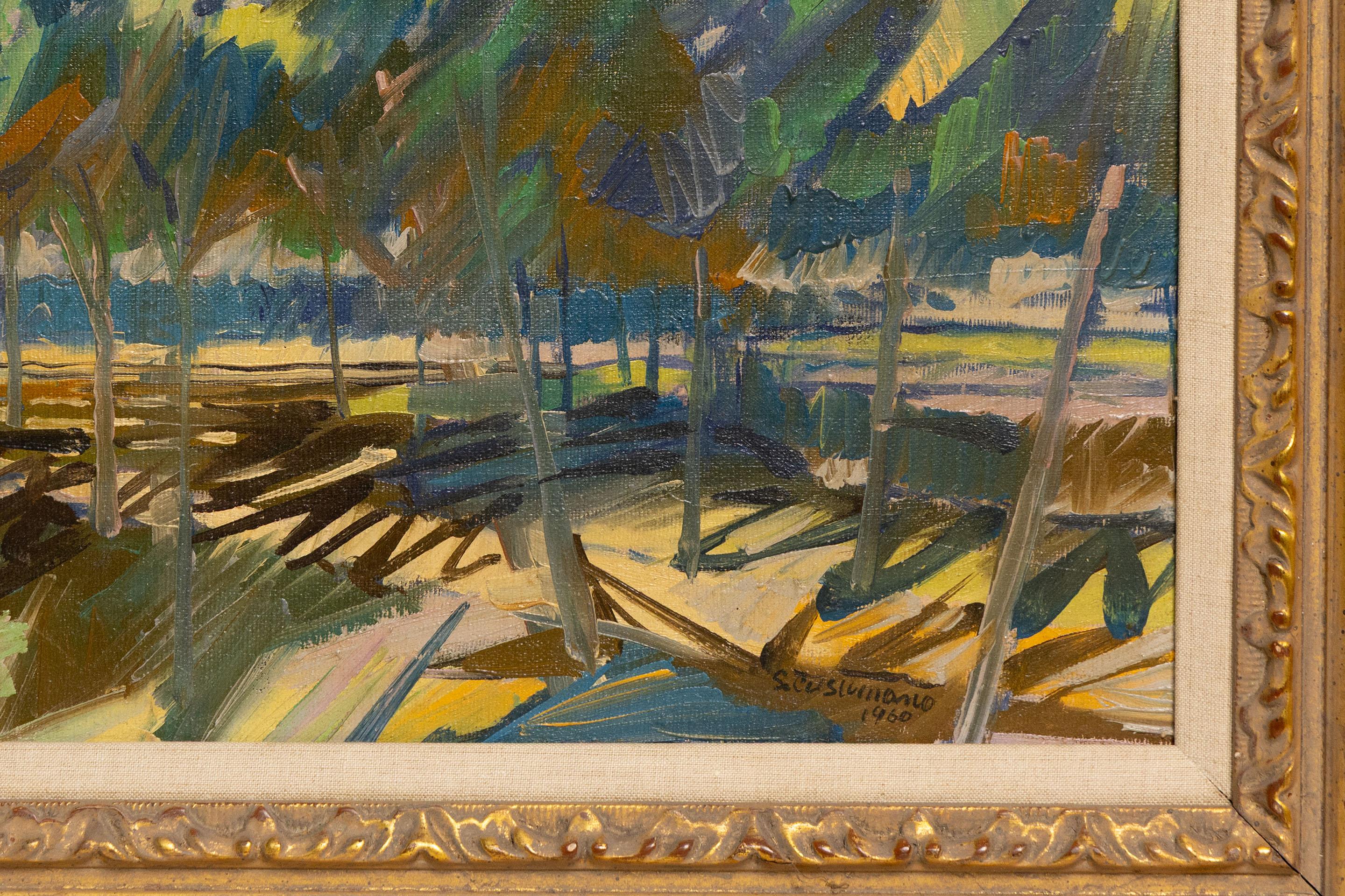 Vintage American Modernist Abstract Framed Landscape Signed Oil Painting For Sale 2