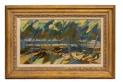 Vintage American Modernist Abstract Framed Landscape Signed Oil Painting