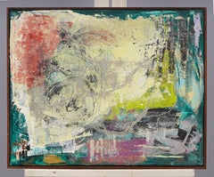 Pittura ad olio astratta modernista americana d'epoca con cornice originale