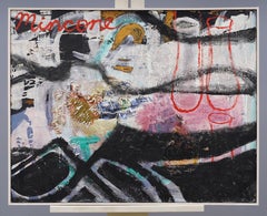 Pittura ad olio astratta modernista americana d'epoca con cornice originale