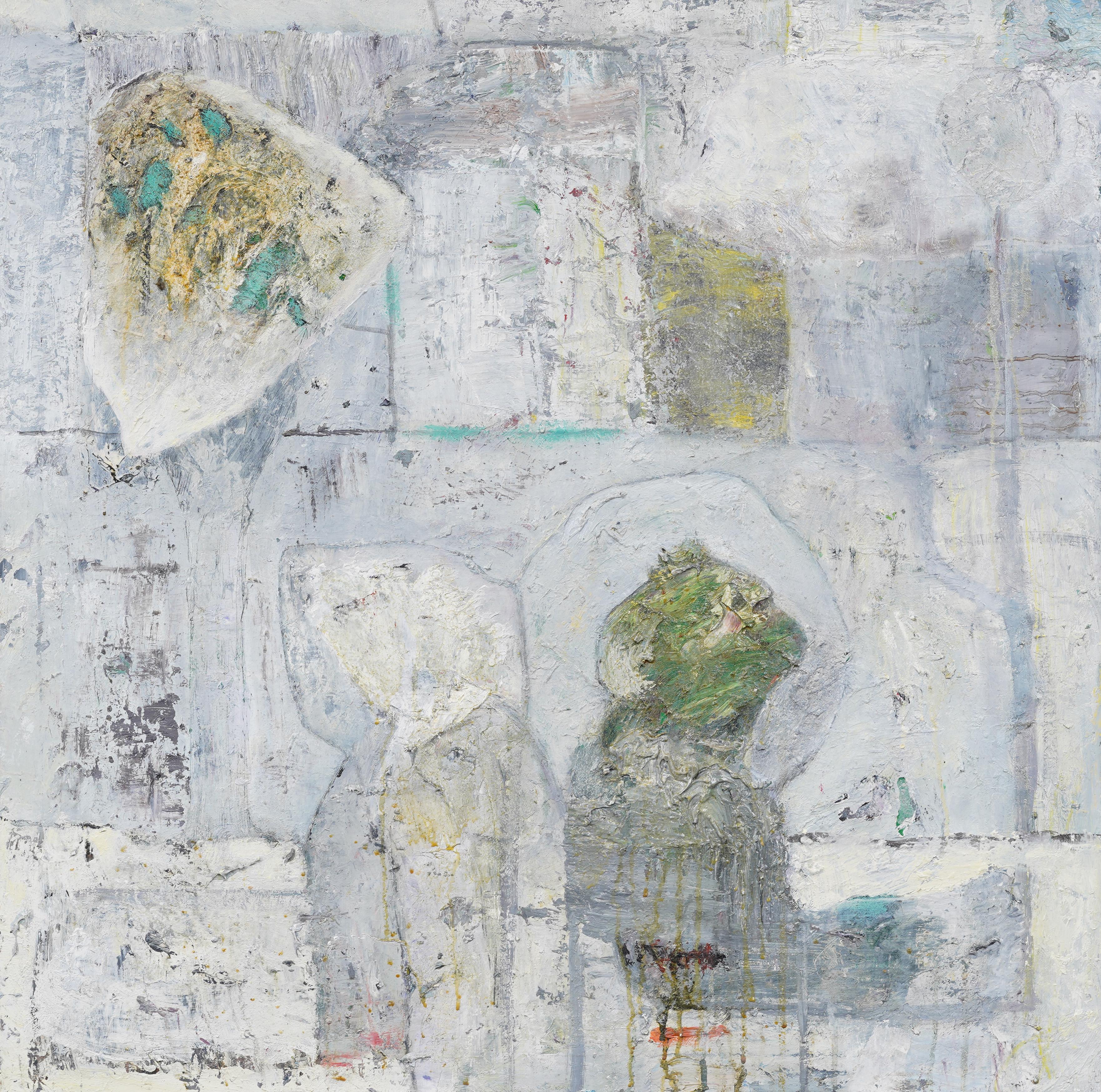 Vintage American modernist abstract oil painting. Oil on canvas. Framed.  Signed. Measuring: 31 by 31 inches overall, and 30 by 30 painting alone..  In excellent original condition. Excellent condition, ready to hang and enjoy. 