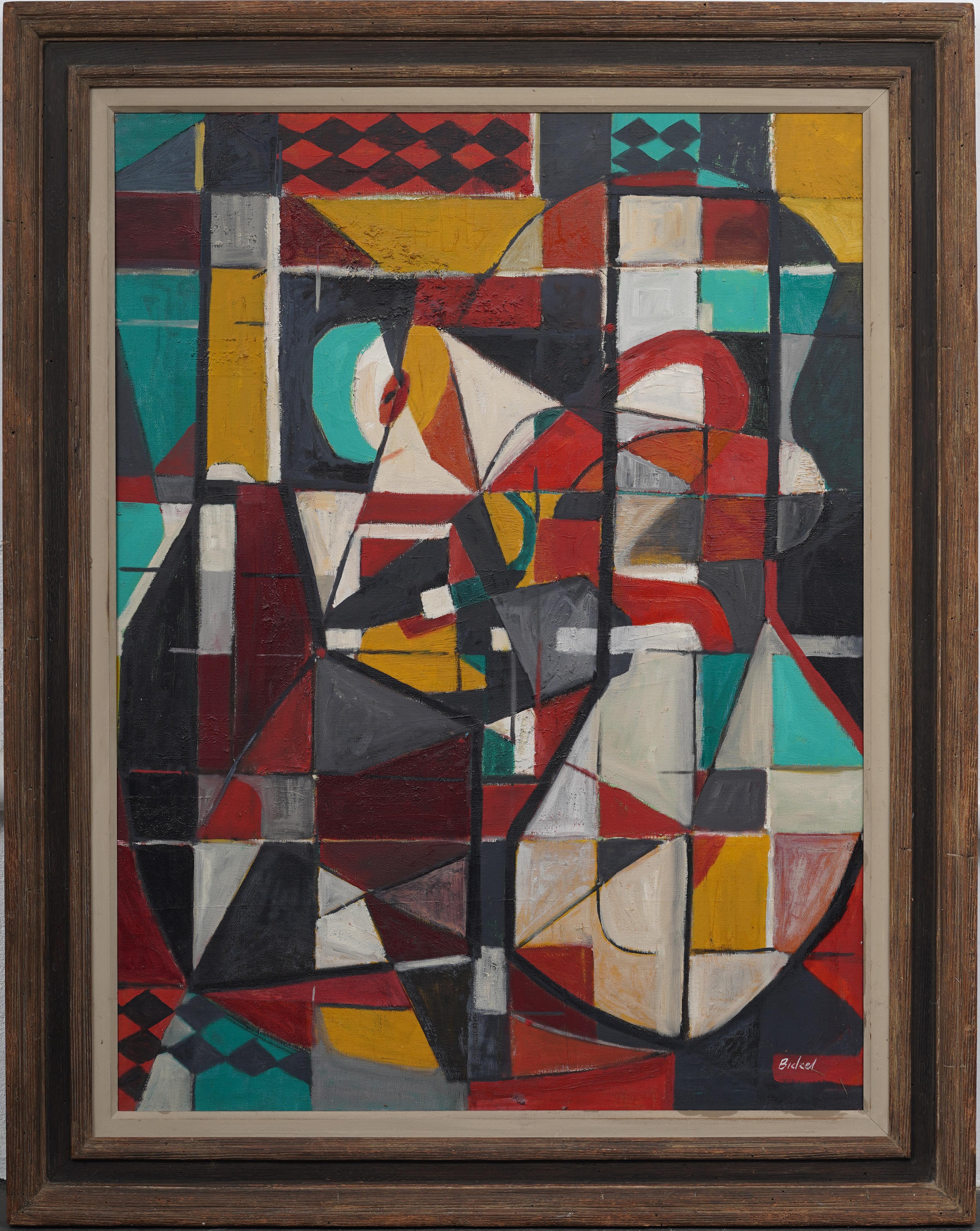 Vintage American Modernist Abstract Framed Signed Cubist Original Oil Painting