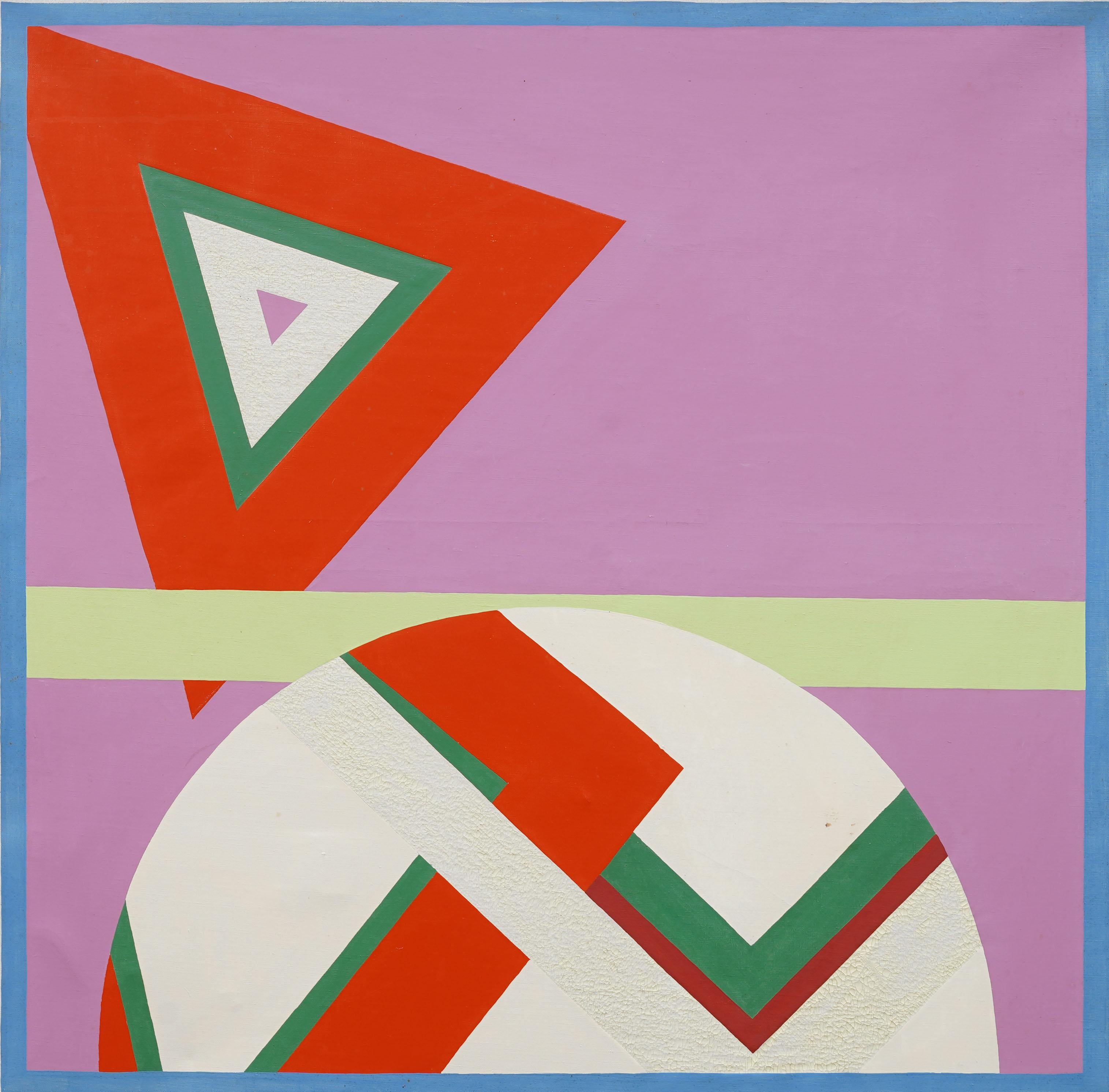 Vintage American Modernist Abstract Geometric Large Framed Original Ölgemälde (Grau), Abstract Painting, von Unknown