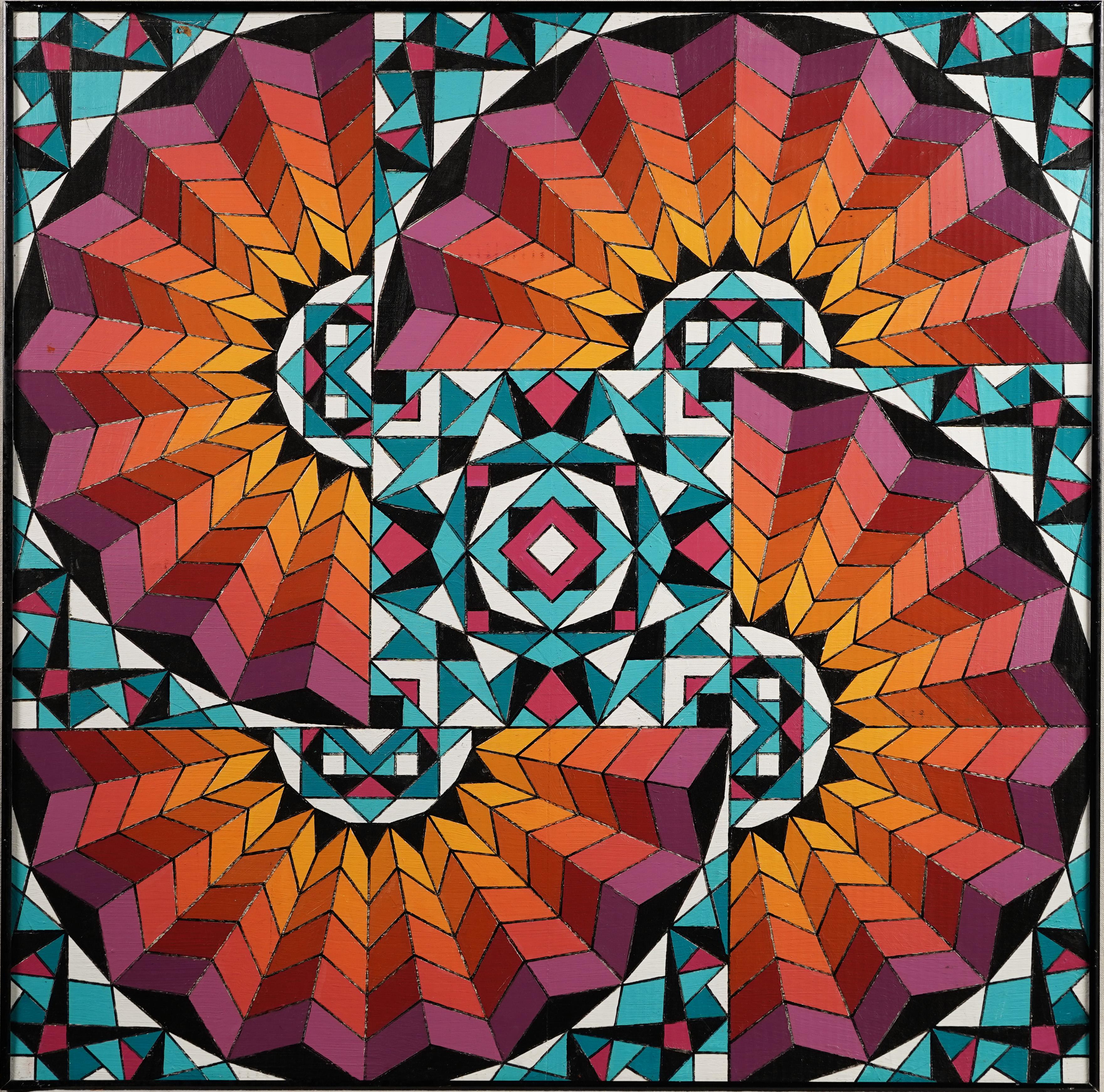 Peinture à l'huile vintage encadrée, géométrique abstraite et moderniste américaine, signée - Painting de Unknown