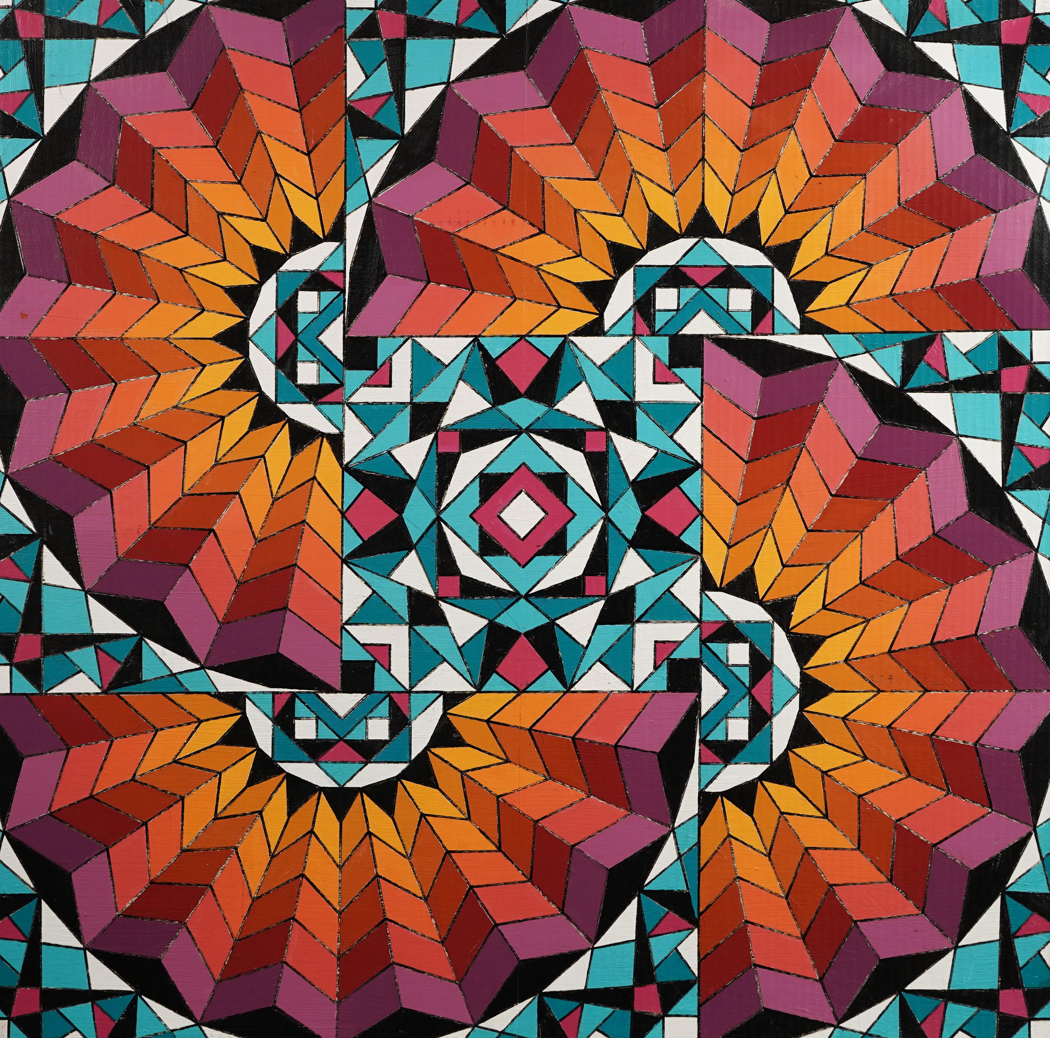 Peinture à l'huile géométrique abstraite vintage de l'école américaine.  Huile sur planche.  Signé.  Encadré.  Taille de l'image, 36L x 36H.