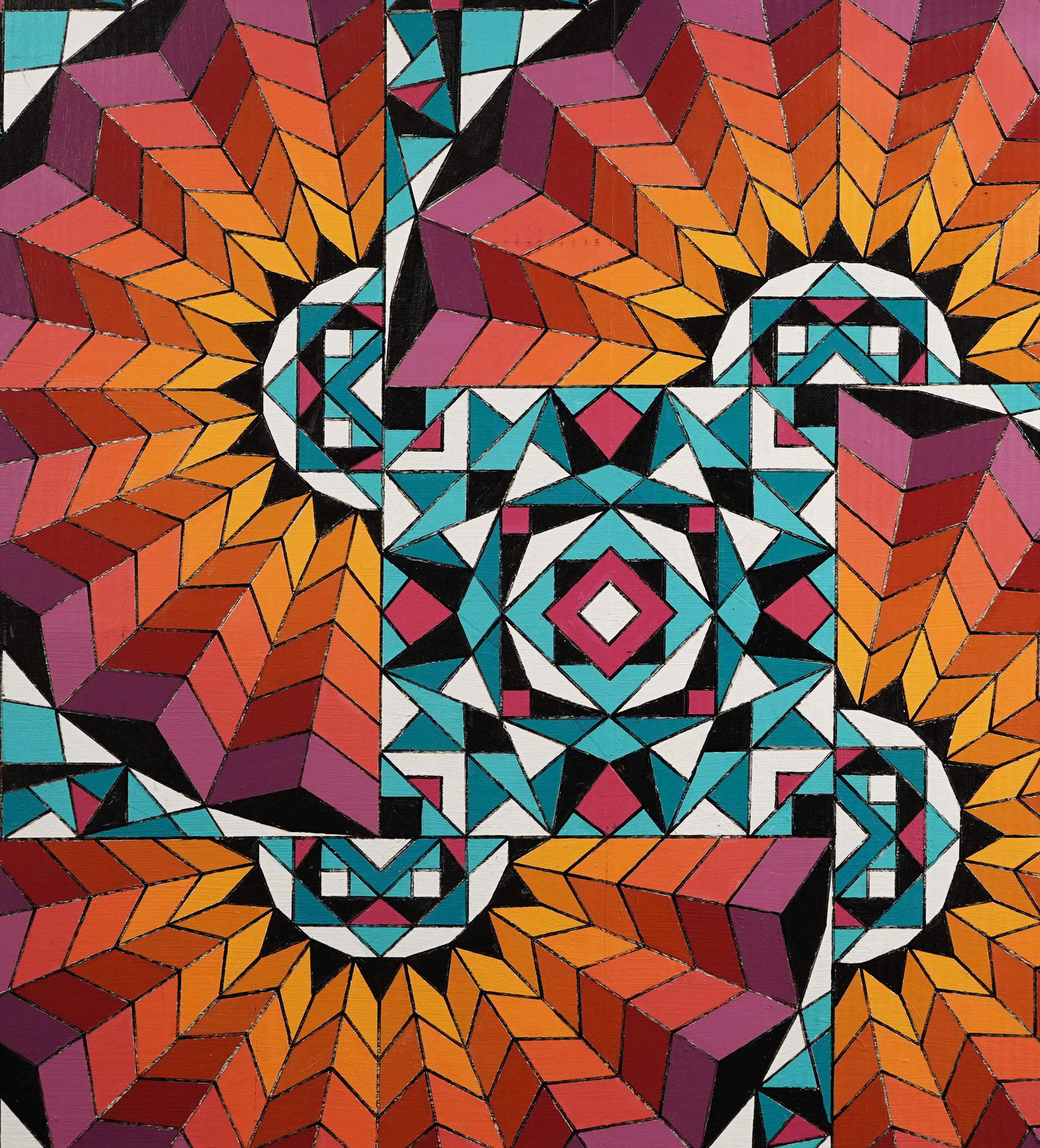 Peinture à l'huile vintage encadrée, géométrique abstraite et moderniste américaine, signée 1