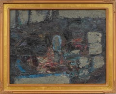 Vintage Moderniste Américain Abstrait Giltwood Encadré Peinture à l'huile du milieu du siècle