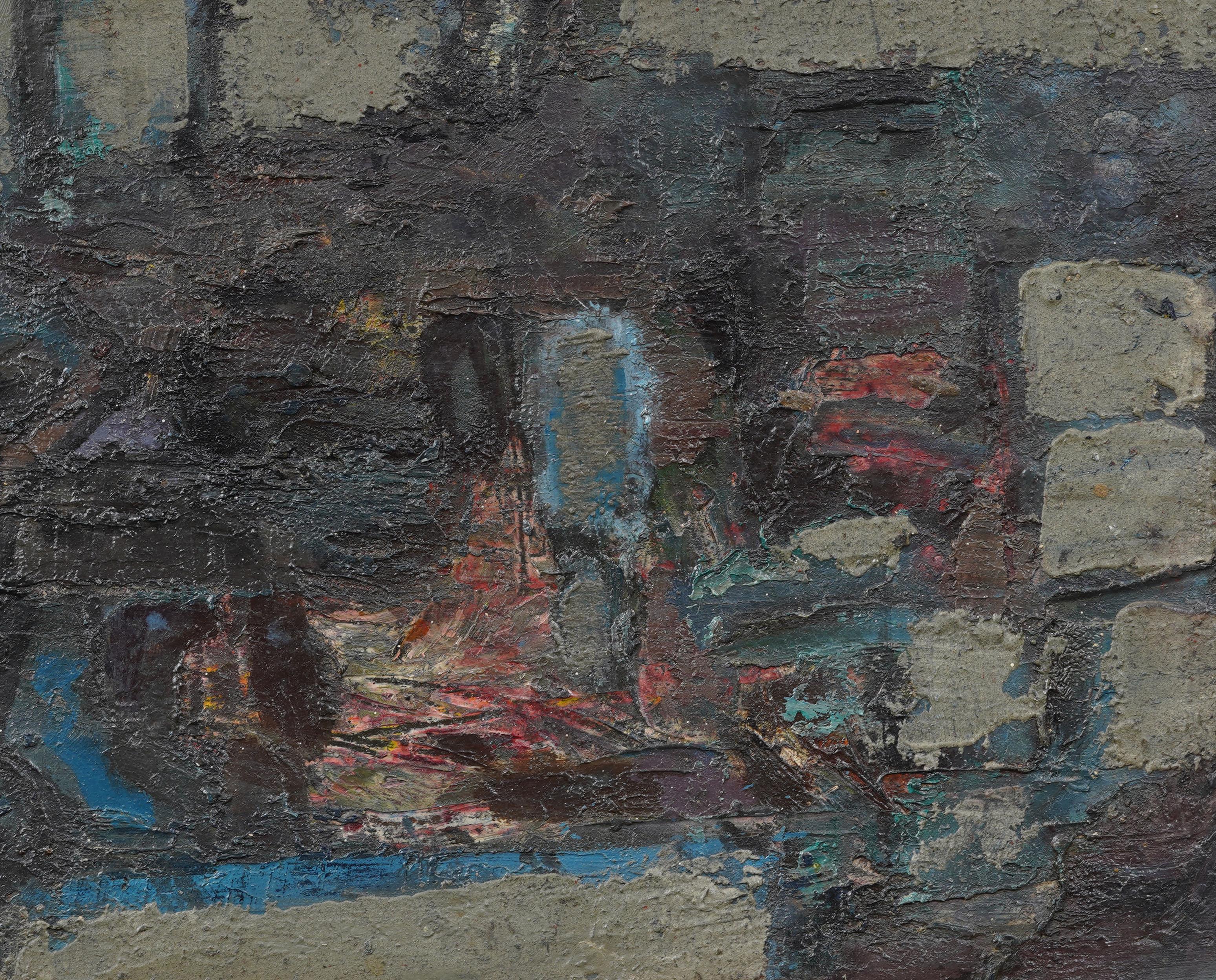Peinture à l'huile abstraite moderniste américaine vintage. Huile sur planche.   Encadré. Signé.  En excellent état d'origine. Joliment encadrée dans un  moulures en bois doré.  Excellent état, prêt à être accroché et apprécié. 