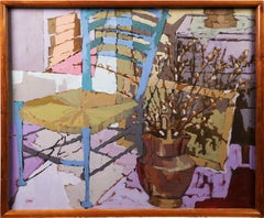 Vintage American Modernist Abstract Interior Scene Framed Oil Painting