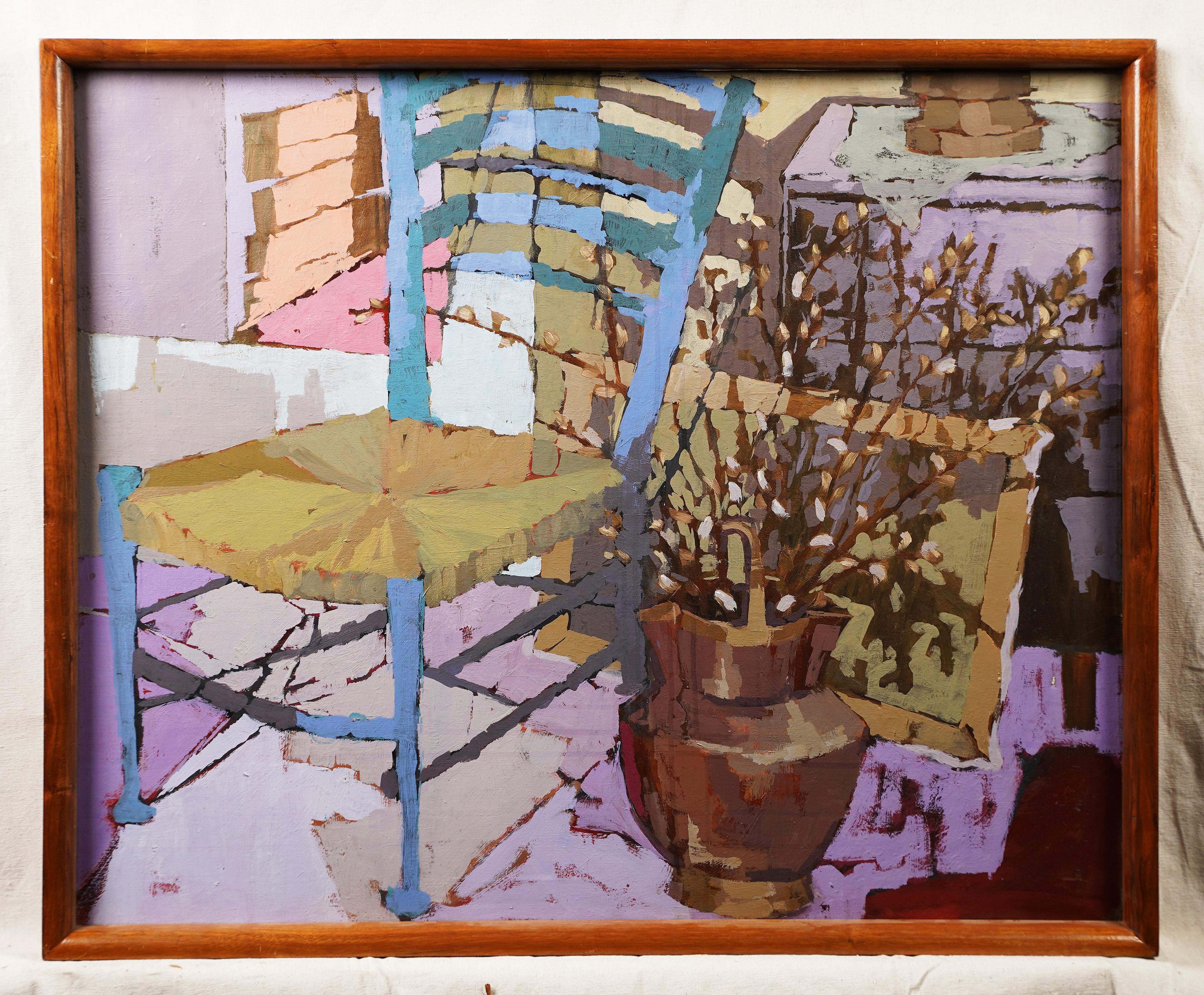 Abstrakte Interieurszene, gerahmtes Ölgemälde der amerikanischen Moderne (Braun), Abstract Painting, von Unknown