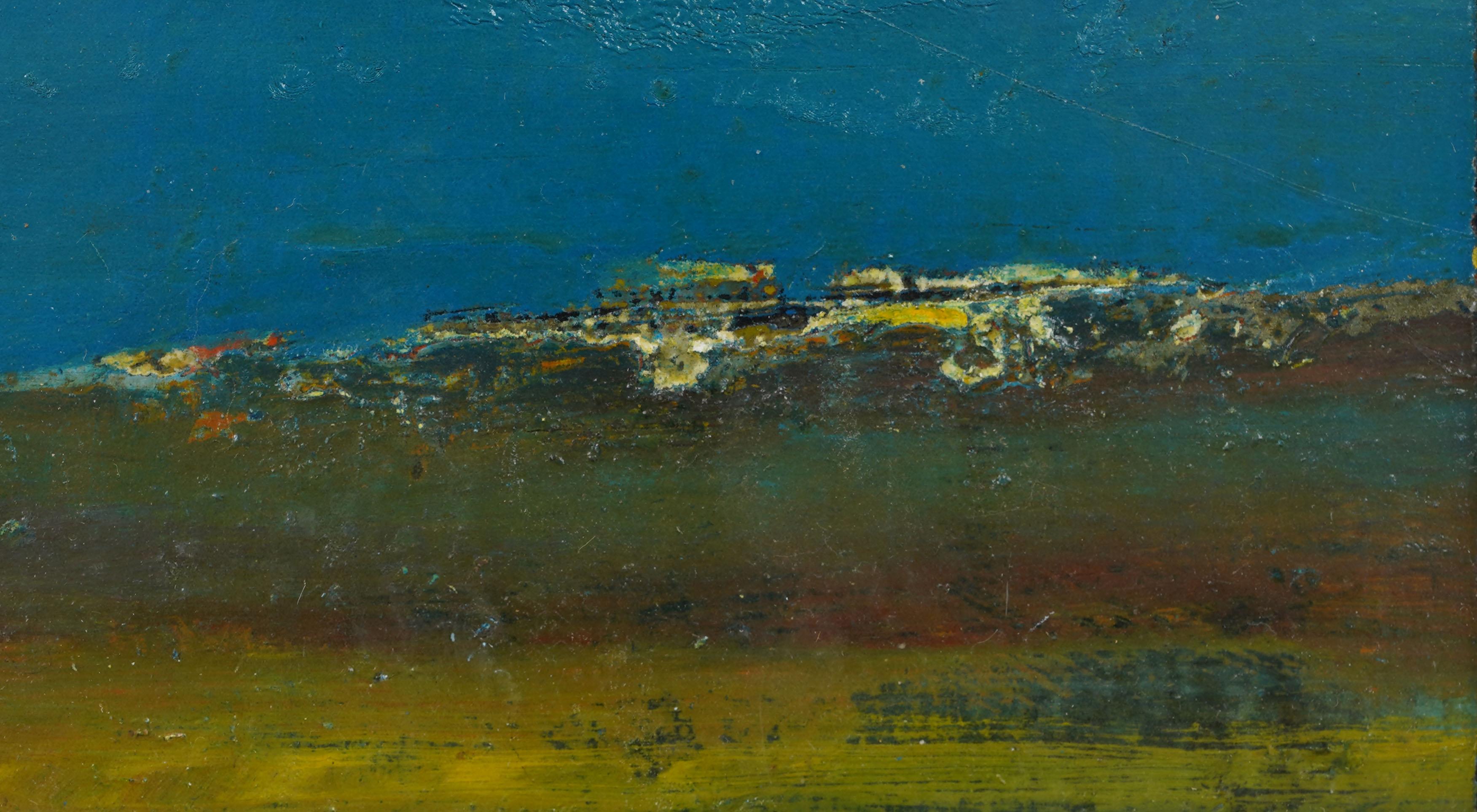 Vintage American modernist abstrakte Landschaft Ölgemälde. Öl auf Karton. Gerahmt. Messen: 4 von 5 Zoll insgesamt, und 3 von 4,75 Malerei allein.  In ausgezeichnetem Originalzustand. Hübsch gerahmt in einer minimalen Holzleiste.  Ausgezeichneter