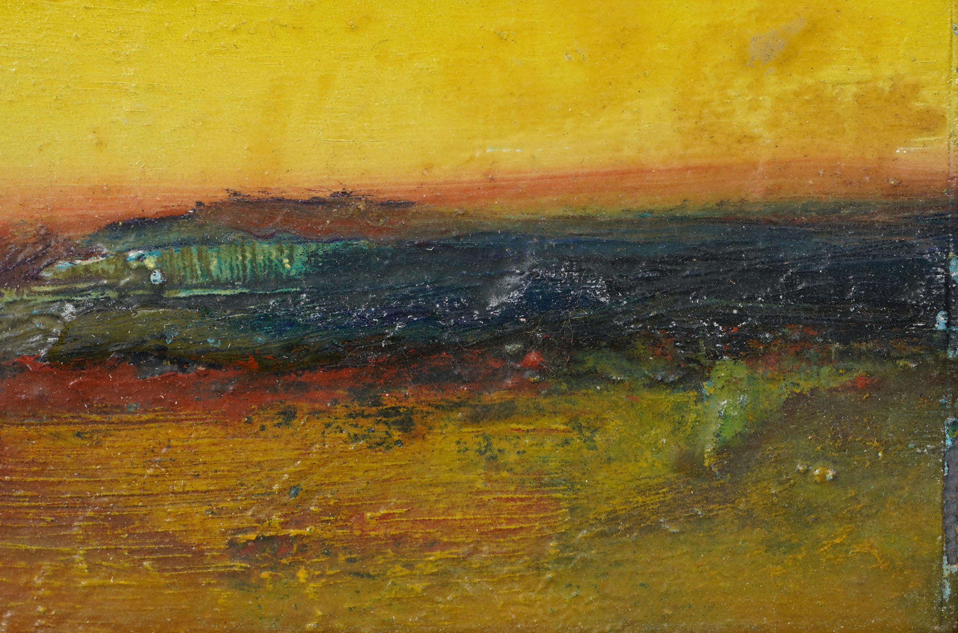 Vintage American modernist abstrakte Landschaft Ölgemälde. Öl auf Karton. Gerahmt. Messen: 4 von 5 Zoll insgesamt, und 3,5 von 4,5 Malerei allein.  In ausgezeichnetem Originalzustand. Hübsch gerahmt in einer minimalen Holzleiste.  Ausgezeichneter