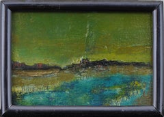 Vintage American Modernist Abstract Landscape Pittura ad olio originale incorniciata