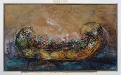 Peinture à l'huile vintage moderniste américaine abstraite "River Longboat" encadrée