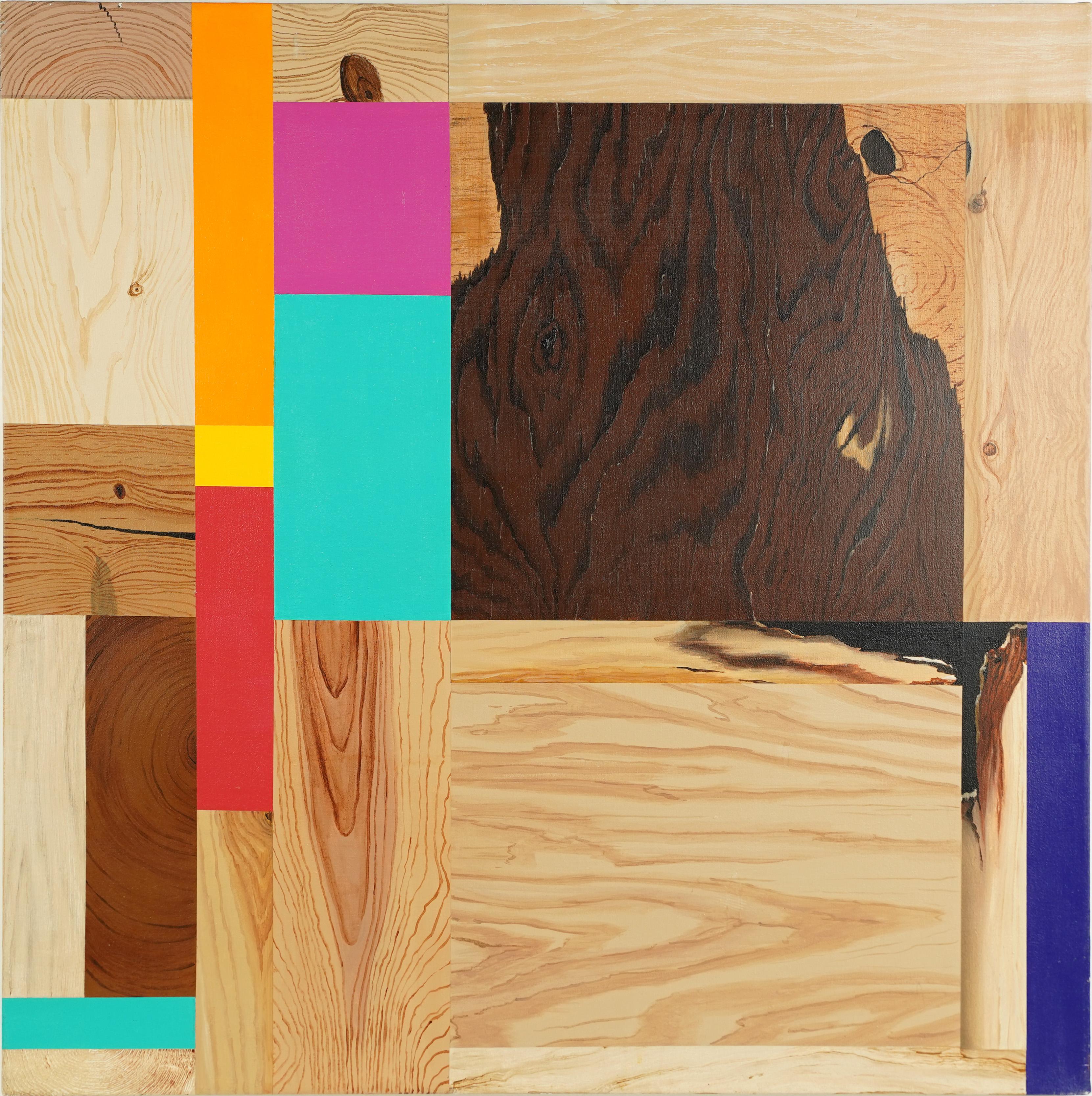 Abstract Painting di Unknown - Pittura ad olio vintage modernista astratta di grandi dimensioni firmata Tromp L'Oeil