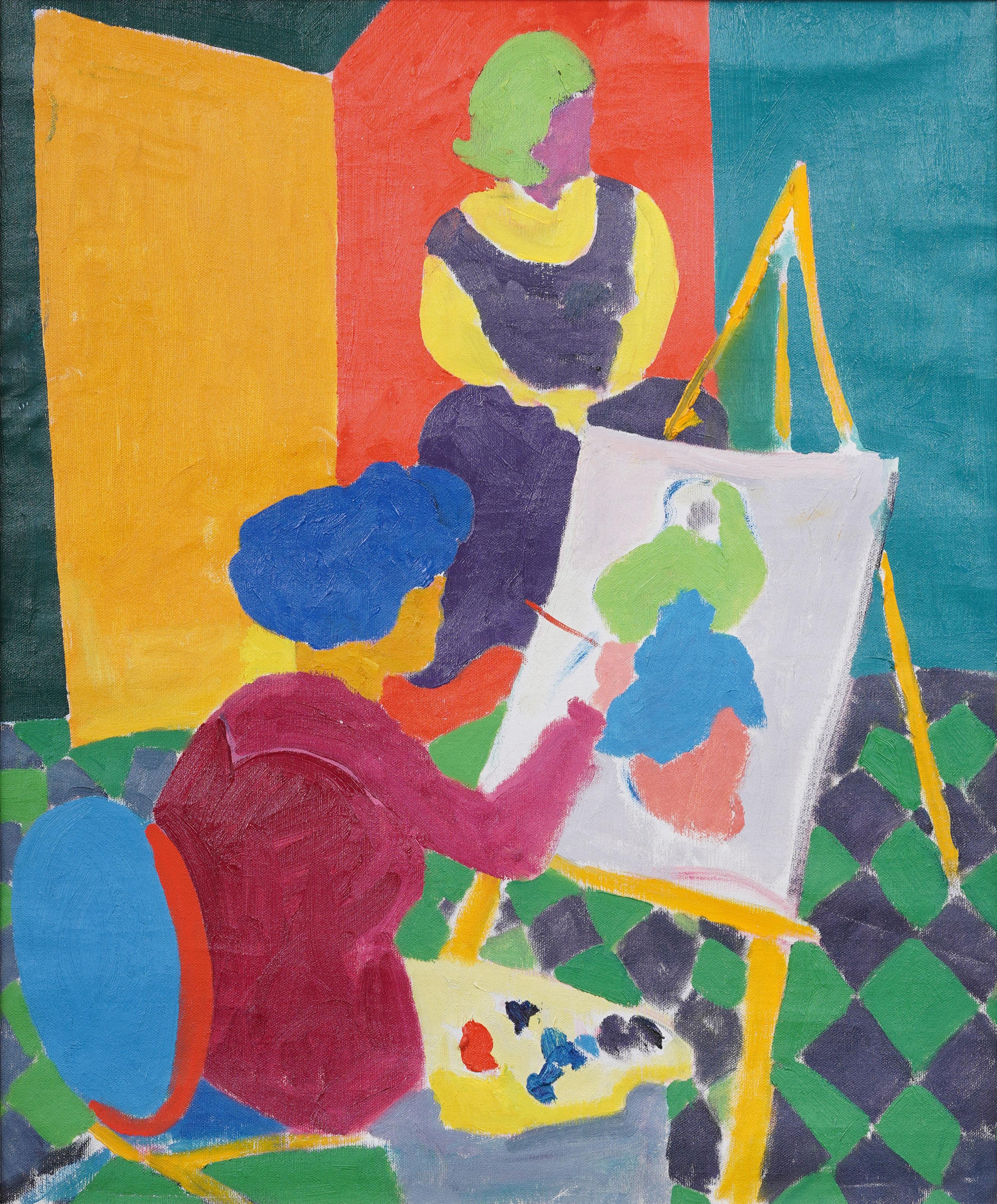 Vintage American fauvist interior scene oil painting. Oil on canvas. Framed. Measuring: 29 by 25 inches overall, and 20 by 24 painting alone.  Handsomely framed in wide modern wood molding.  Excellent condition, ready to hang and enjoy. 