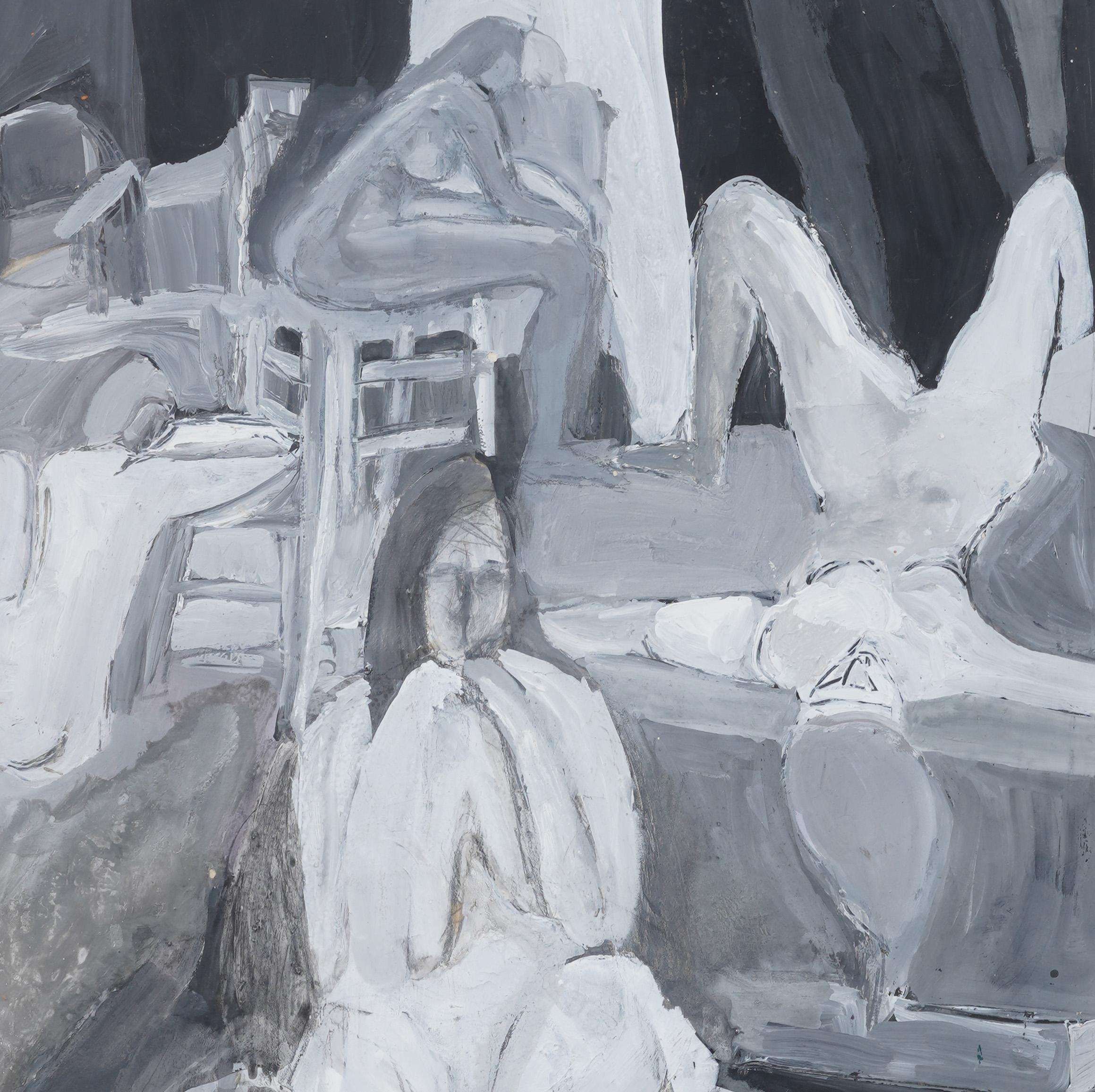 Scène de studio d'artiste moderniste.  Encadré.  Huile et aquarelle sur papier.  Signé.  Taille de l'image : 22,5H par 17,5L.