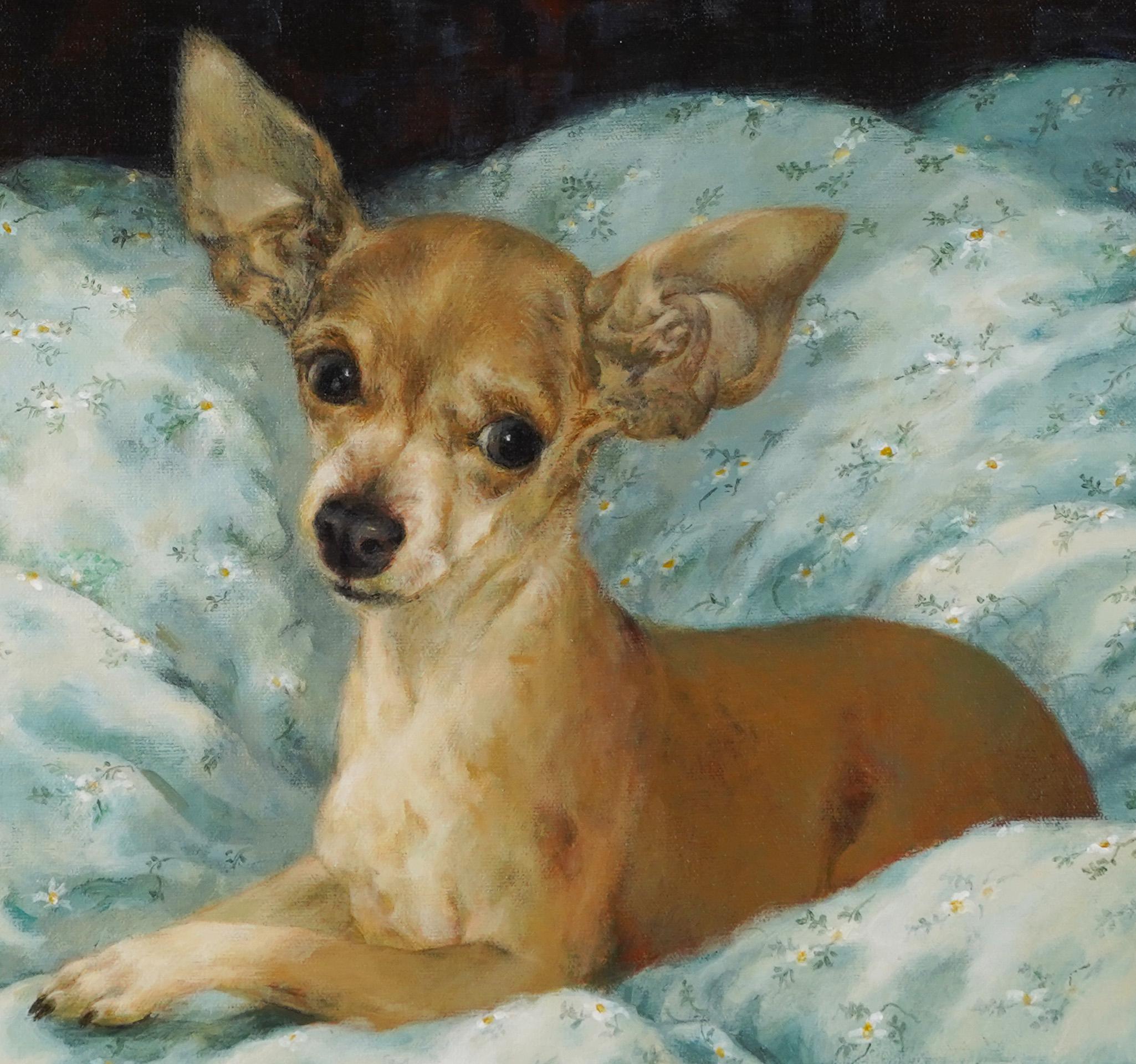 Vintage American Modernist Chihuahua Dog Portrait Original Animal Oil Painting - Gray Abstract Painting by Unknown