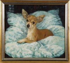 Vintage American Modernist Chihuahua Dog Portrait Original Animal Oil Painting