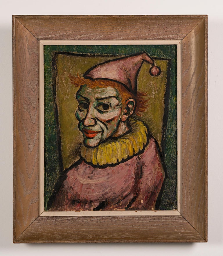 Vintage American modernist clown portrait oil painting.  Oil on board, circa 1940.  Unsigned.  Image size, 16L x 20H.  Housed in a period modern frame.
