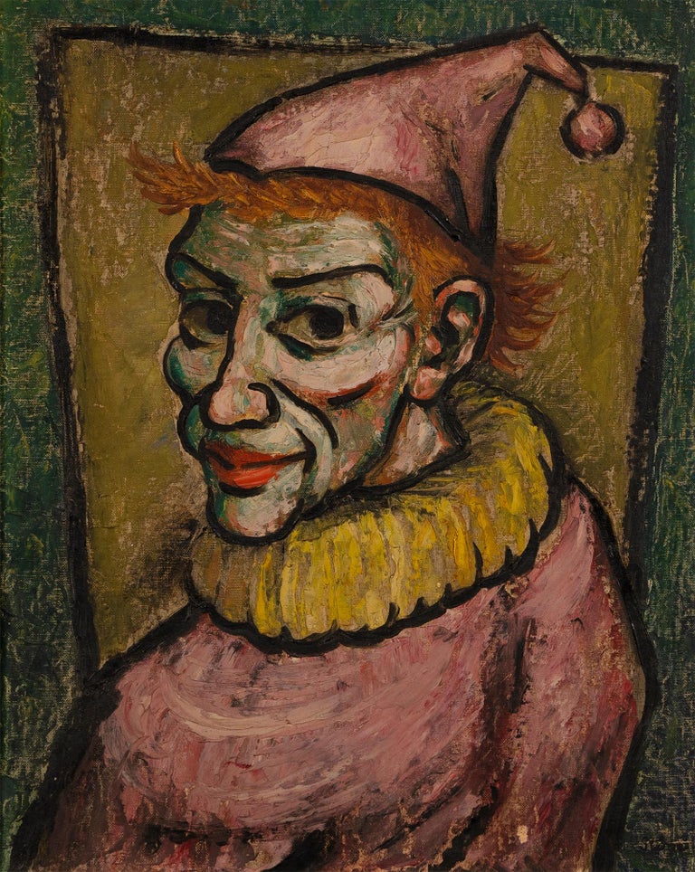 Vintage American Modernist Clown Portrait Oil Painting For Sale 1