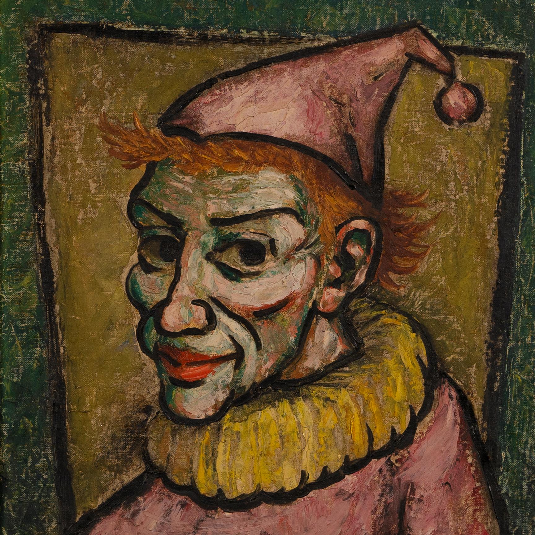 Vintage American Modernist Clown Portrait Oil Painting - Brown Abstract Painting by Unknown