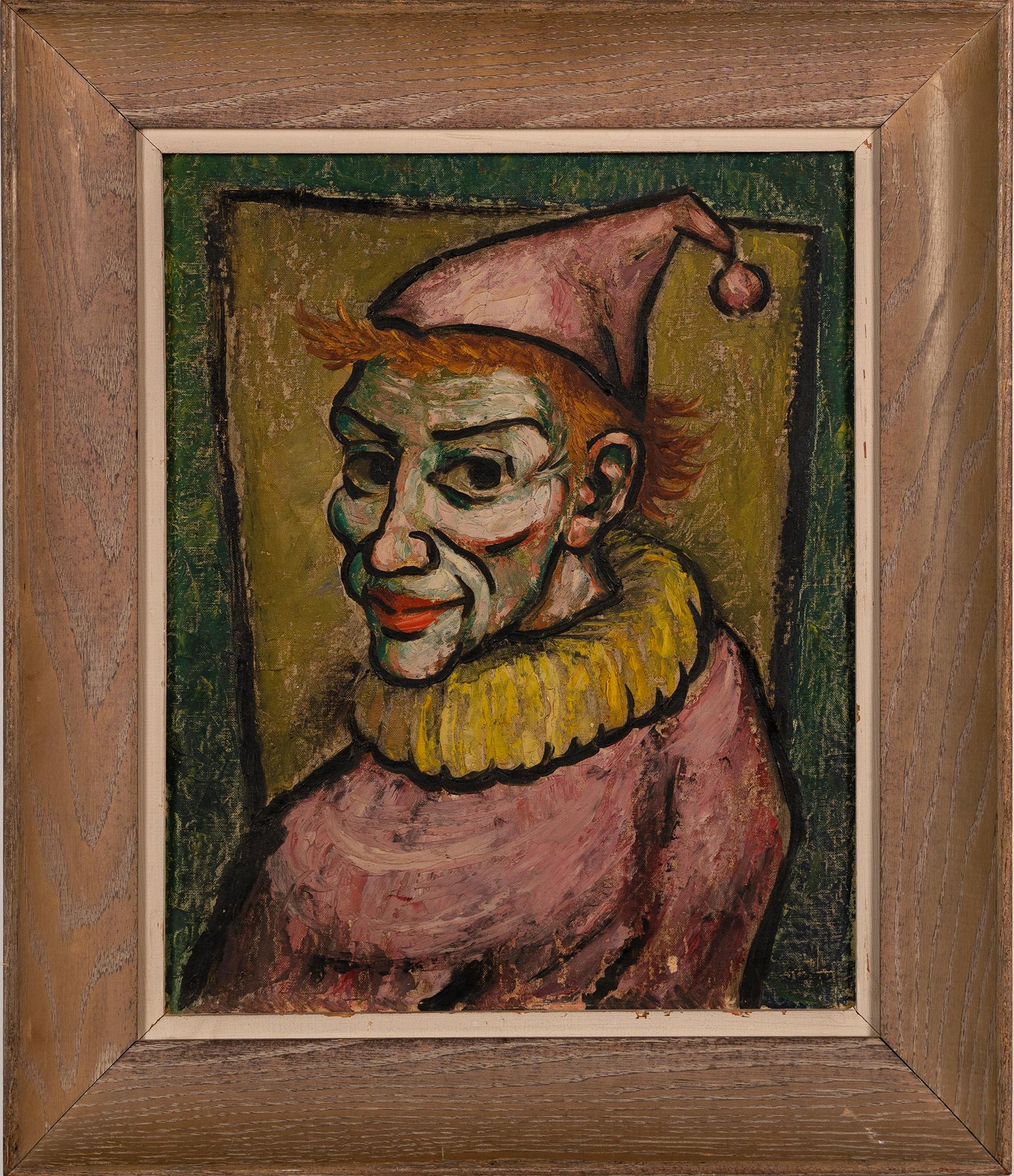 Unknown Abstract Painting - Vintage American Modernist Clown Portrait Oil Painting
