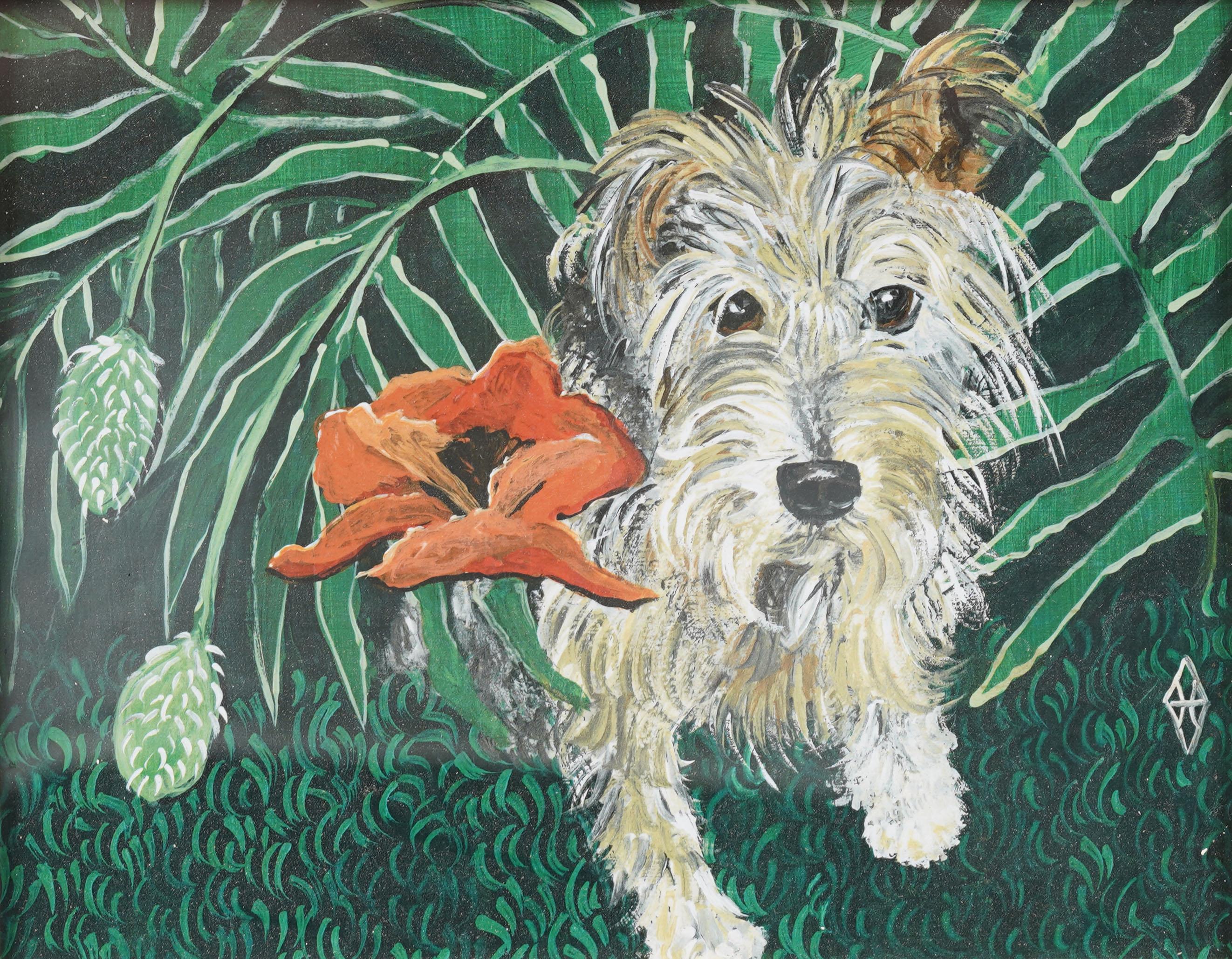 Vintage American Modernist Hund Porträt schön gerahmt Terrier  Ölgemälde (Moderne), Painting, von Unknown