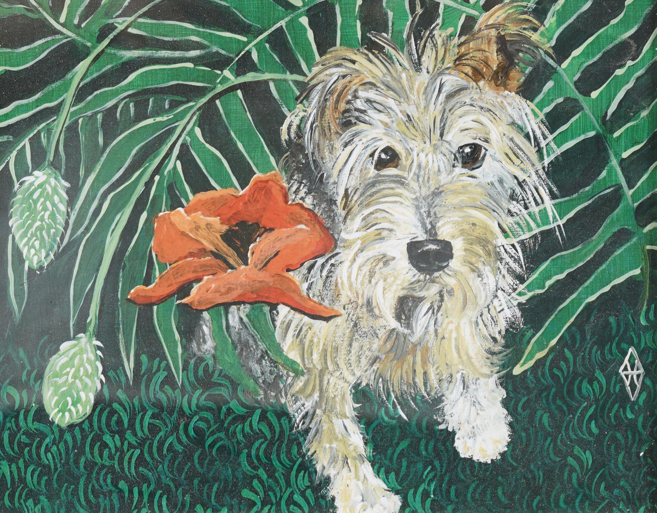 Vintage American Modernist Hund Porträt schön gerahmt Terrier  Ölgemälde (Braun), Animal Painting, von Unknown