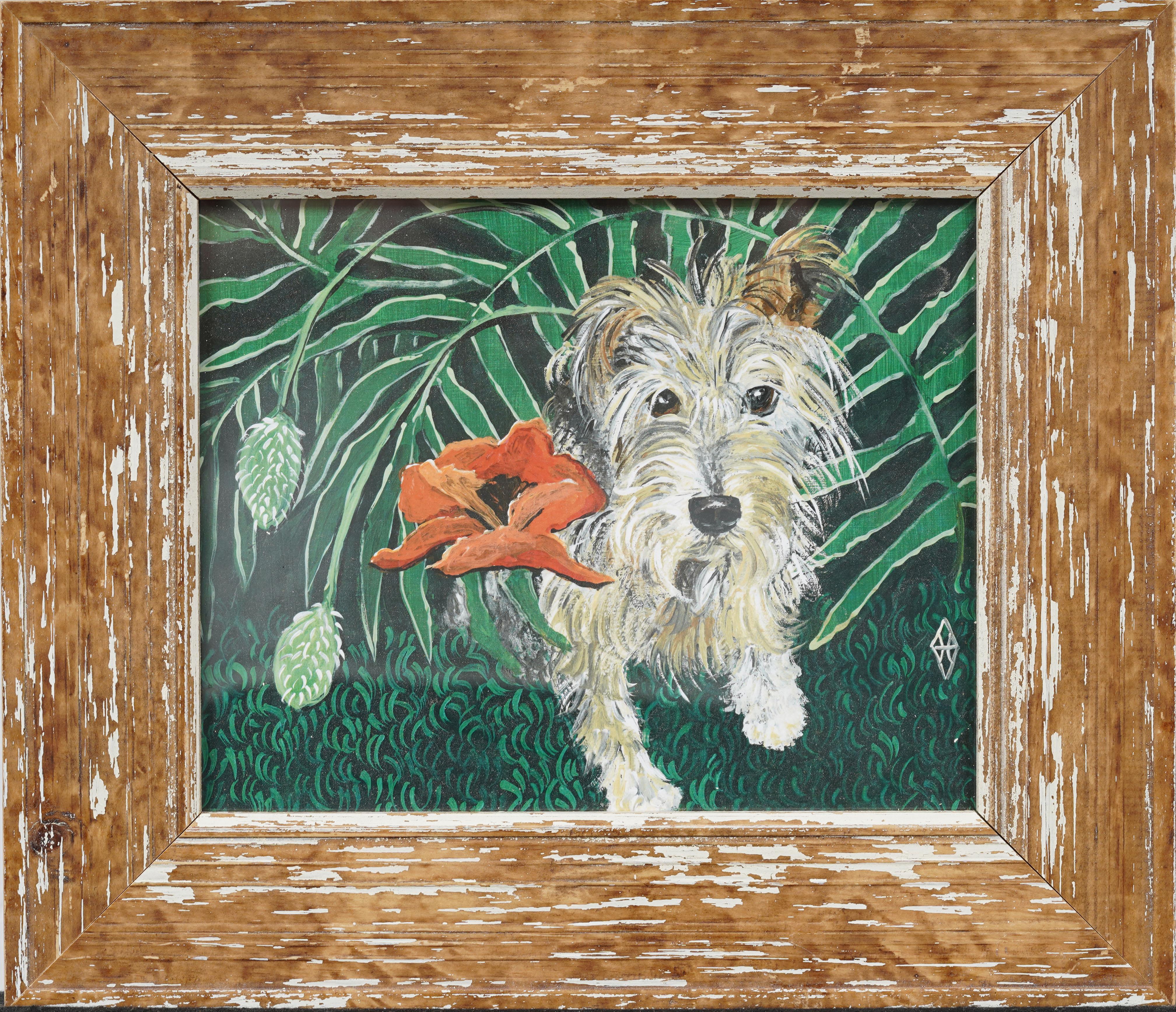 Vintage American Modernist Dog Portrait Nicely Framed Terrier  Peinture à l'huile