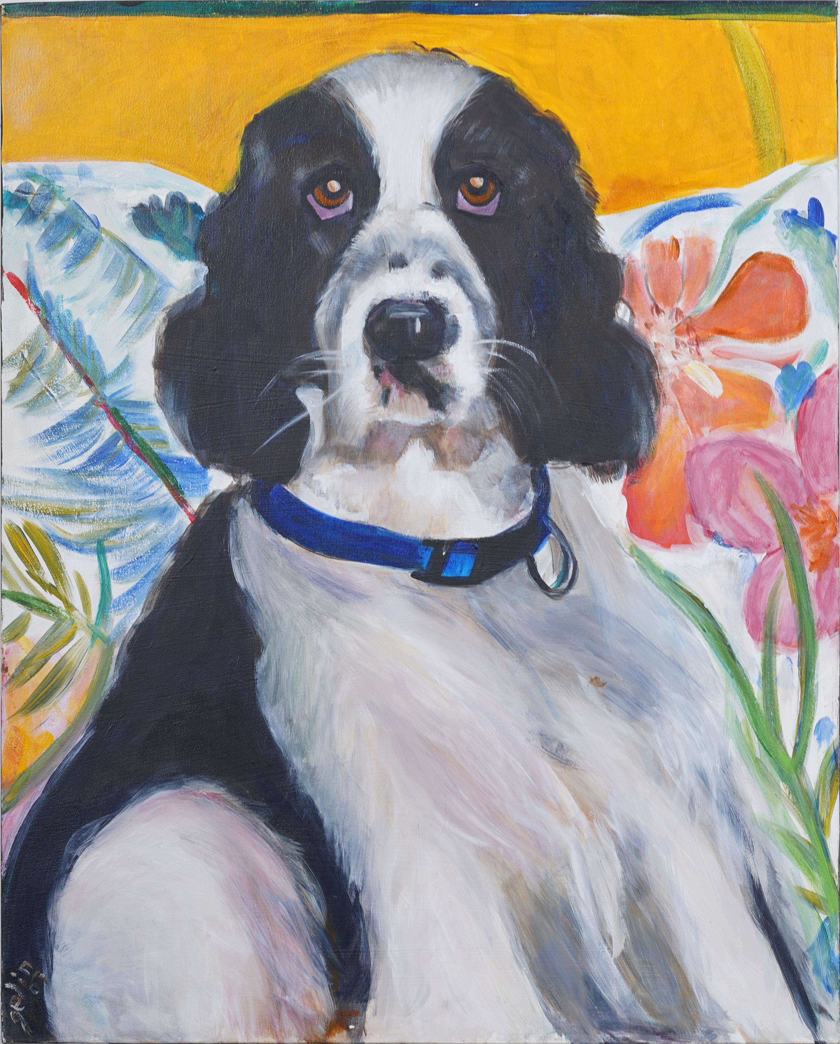Vintage American Modernist Dog Portrait Original Oil Painting - Gray Animal Painting by Unknown