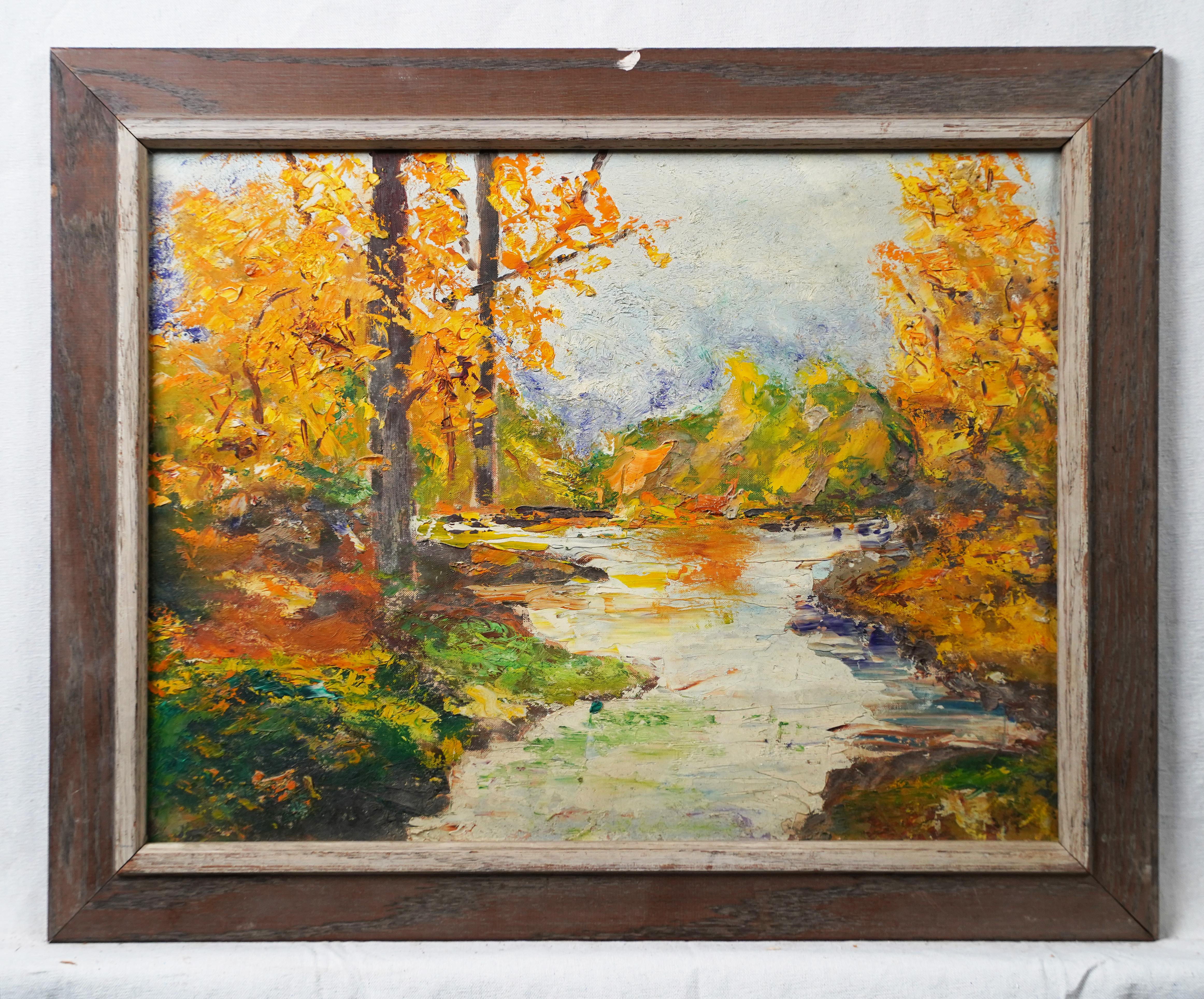 Vintage American Modernist Fall Landscape Abstract Oil Painting (Pittura ad olio astratta) 1