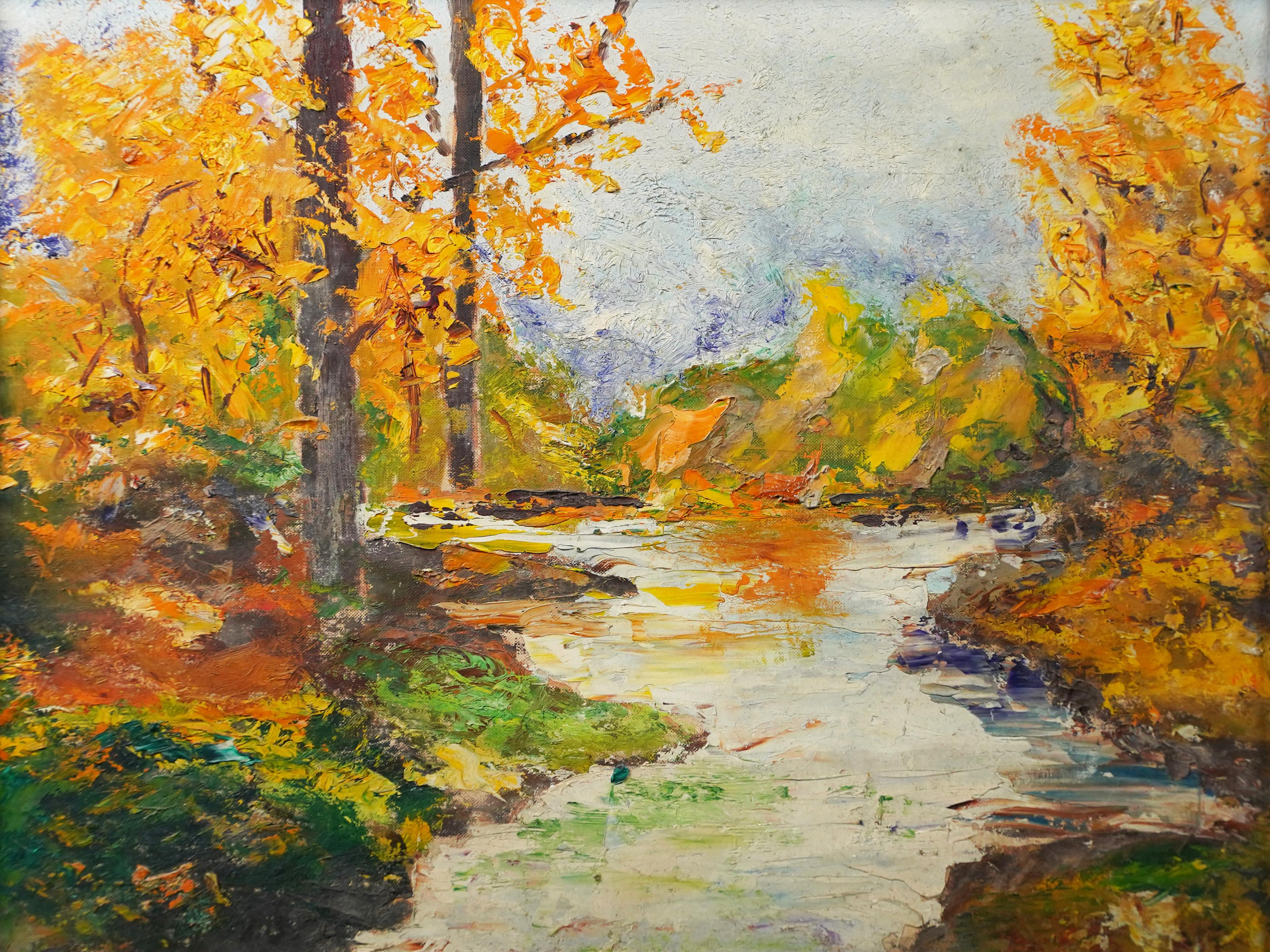 Vintage American Modernist Fall Landscape Abstract Oil Painting (Pittura ad olio astratta) 2