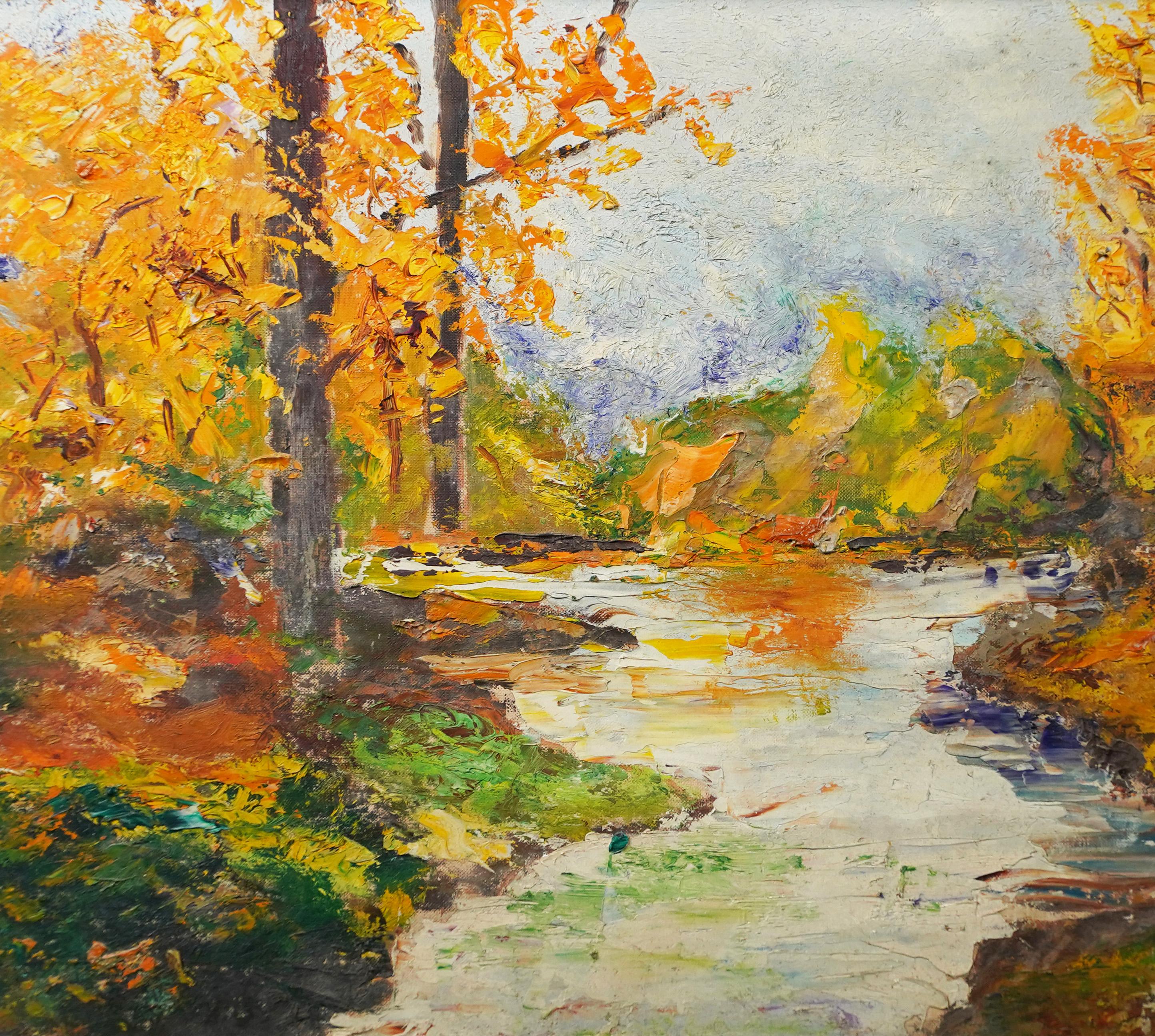 Vintage American Modernist Fall Landscape Abstract Oil Painting (Pittura ad olio astratta) 3