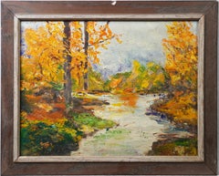 Vintage American Modernist Fall Landscape Abstract Oil Painting (Pittura ad olio astratta)